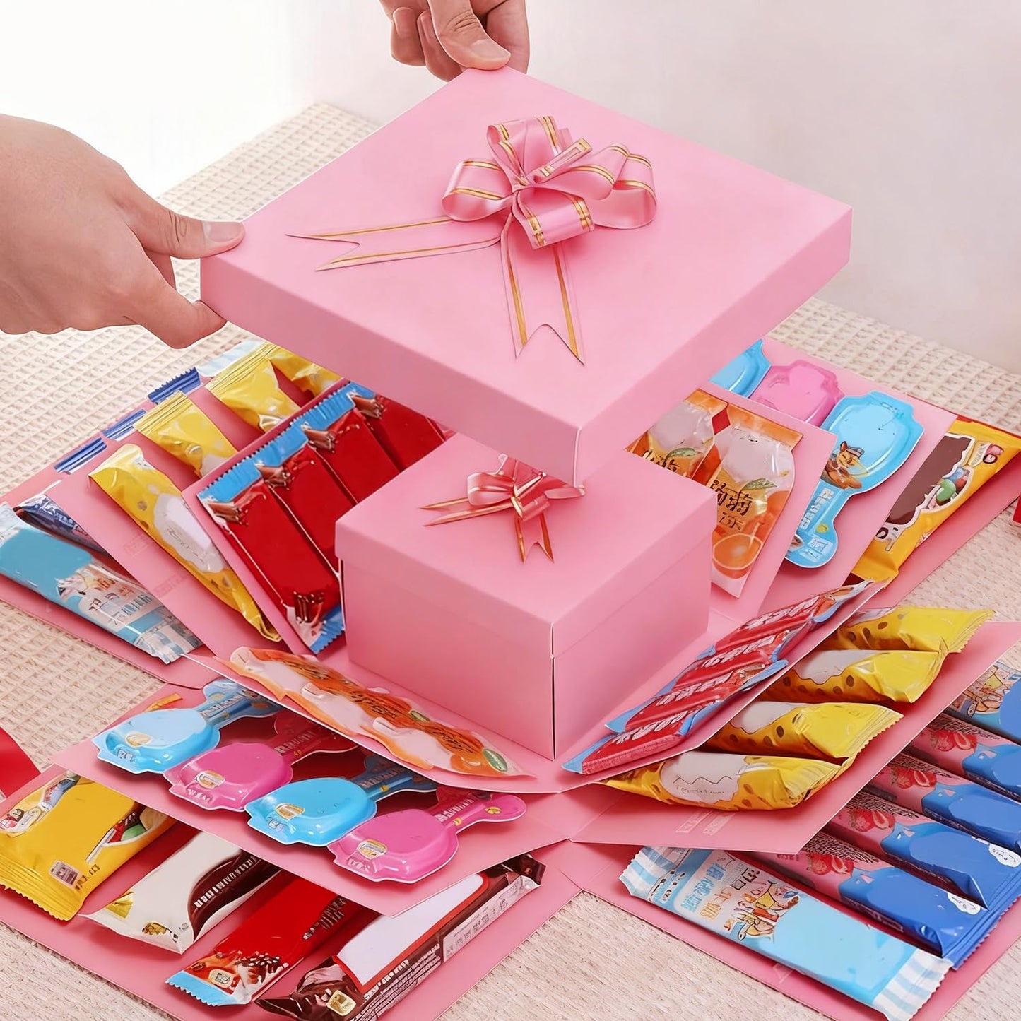 5-Layer creative explosion gift box, gift wrap box. Creating a 5-Layer of various gifts by yourself. An ideal, mysterious self-made gift for birthday, Christmas and anniversaries. (Pink, Square)