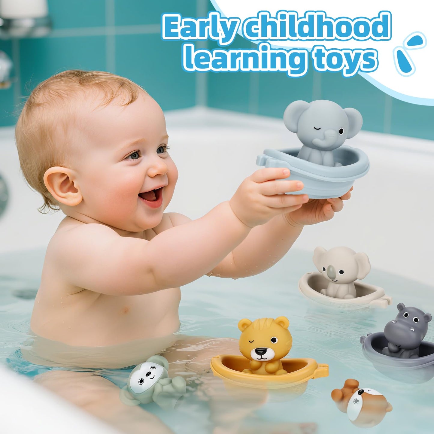 BOBOBELL Bath Toys Float Boats for Kids Ages 18M+,Stackable Floaty Boat,Animal Finger Puppets,Toddler Toys Gifts for 2-4 Year Old Baby Gifts Valentines Easter Basket