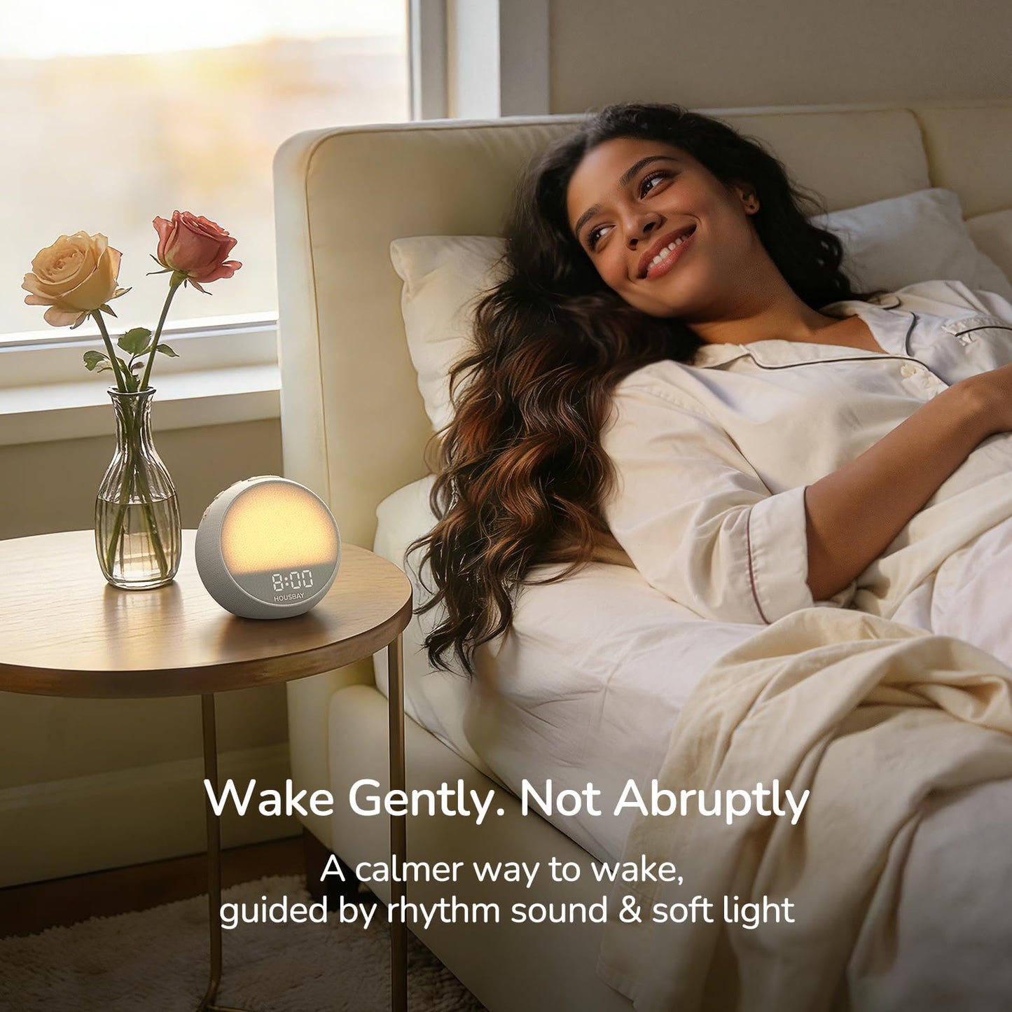 HOUSBAY MINI Sunrise Alarm Clock with Sound Machine, Rhythm Wake-Up Light, White Noise for Sleeping, Compact Phone-Free Bedrooms Clock, Putty