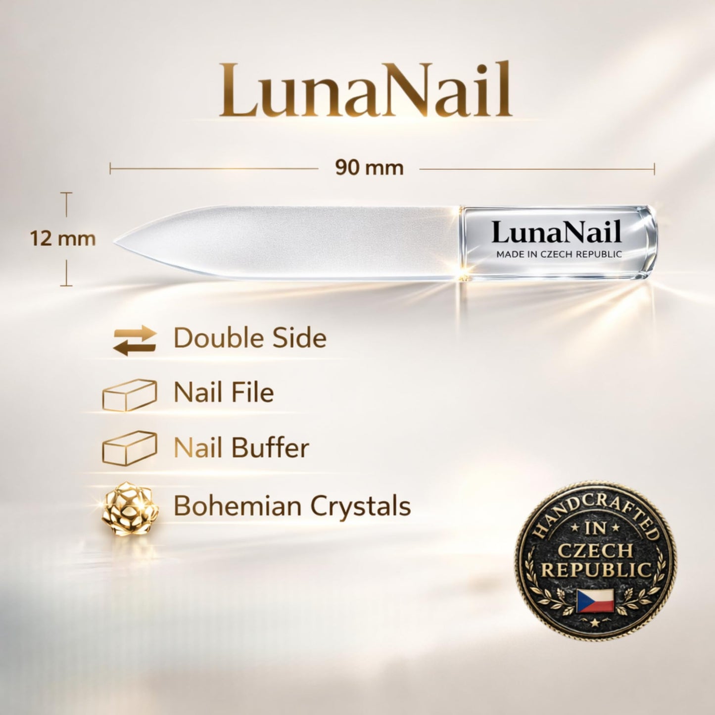 LunaNail Nano Czech Glass Nail File & Buffer 2-in-1, Velvet Case, Crystal Polisher, Mirror-Shine, Keratin-Sealing, Travel Friendly