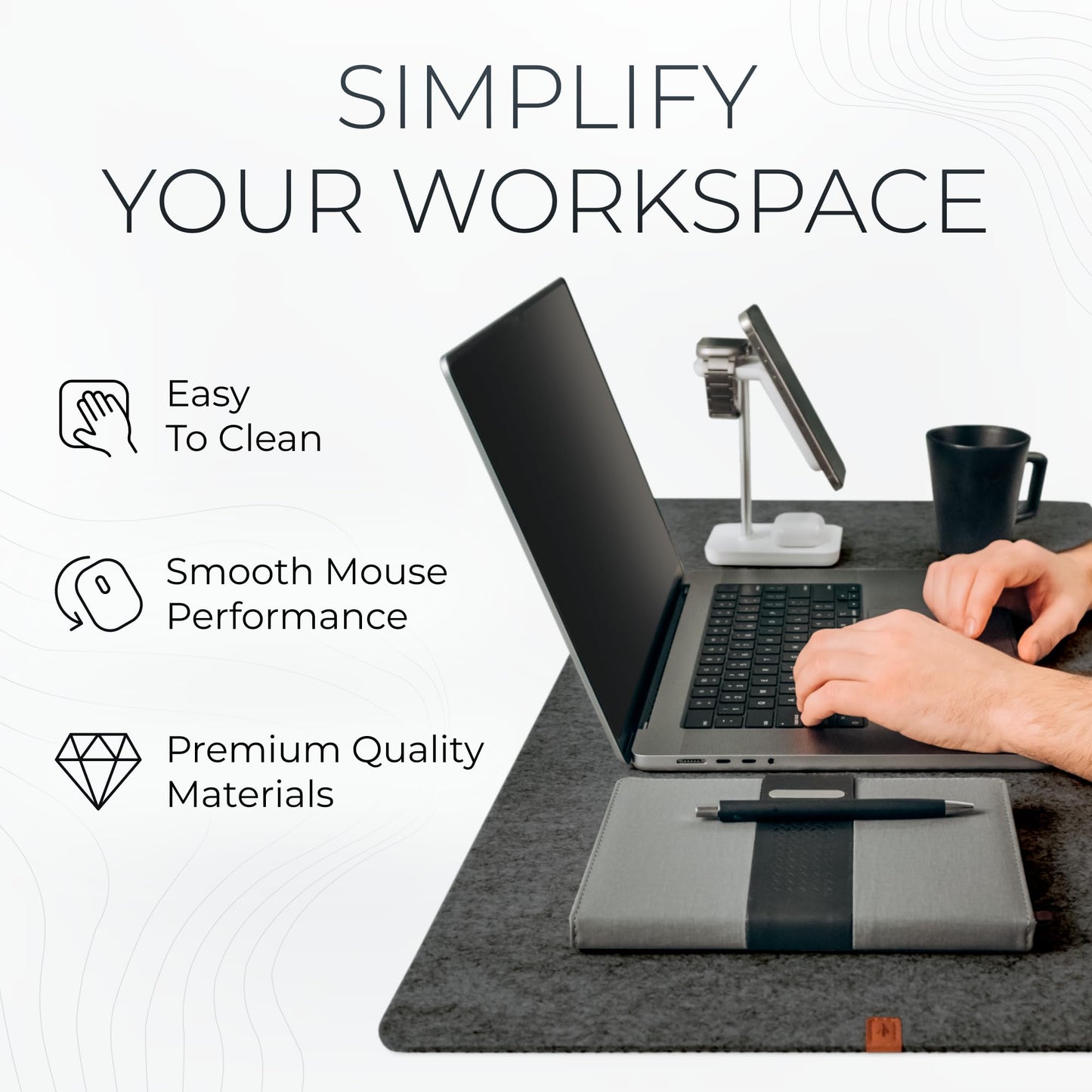 Nordik Large Felt Desk Mat - Charcoal - 35 x 17 inch - Full Desk Keyboard Mat - Computer Desk Mat for Keyboard and Mouse Pad - Desktop Mat - Large Felt Desk Pad