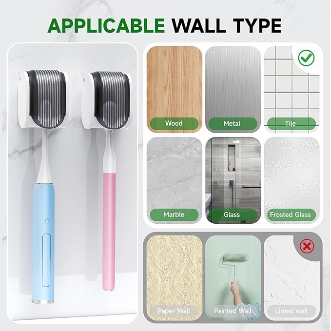 4 Pcs Toothbrush Holders Wall Mounted, Single Slot Design, Shower Self Adhesive Wall Mounted Toothbrush Holder with Cover, Waterproof and Dustproof, Suitable for Bathroom, Family, Travel (Grey)