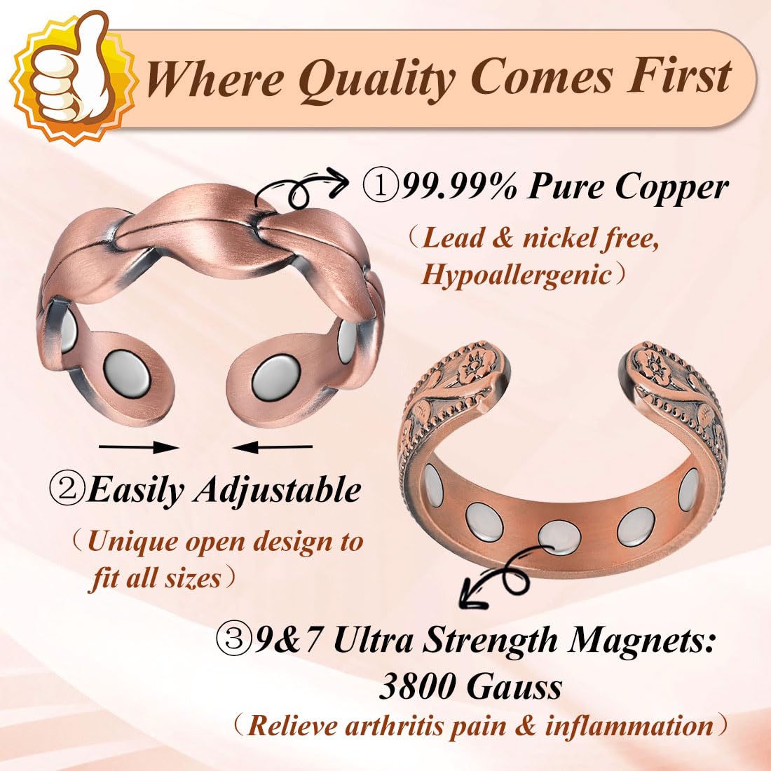 Cigmag 9X Magnetic Rings for Women, with Powerful Magnets, Adjustable Solid Pure Copper (Copper Plum & Fishtail)