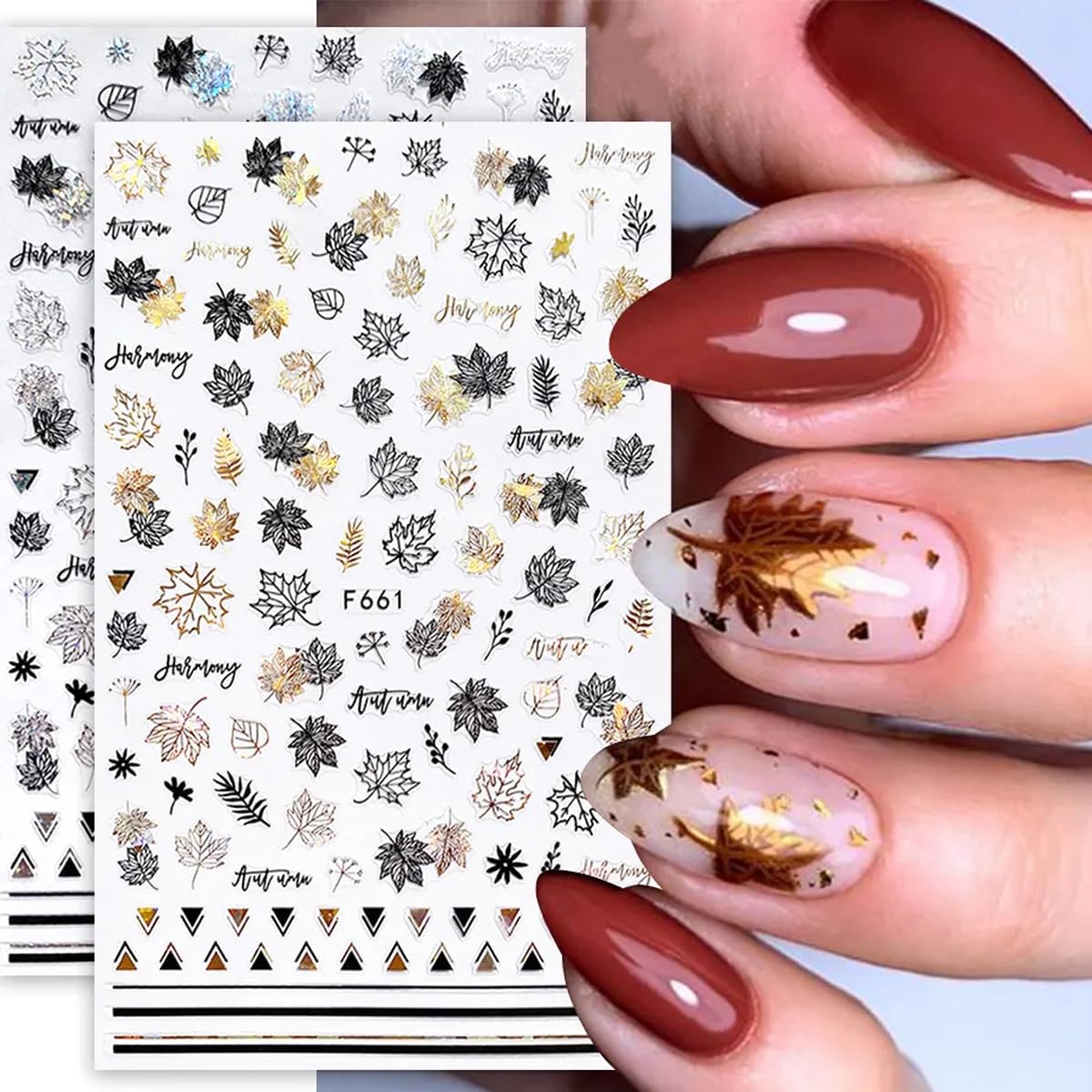 8Sheets Gold Maple Leaf Nail Stickers - 3D Fall Holographic Autumn Nail Art Sticker Maple Leaves Design Foils Laser Shiny DIY Thanksgiving Day Manicure Accessories