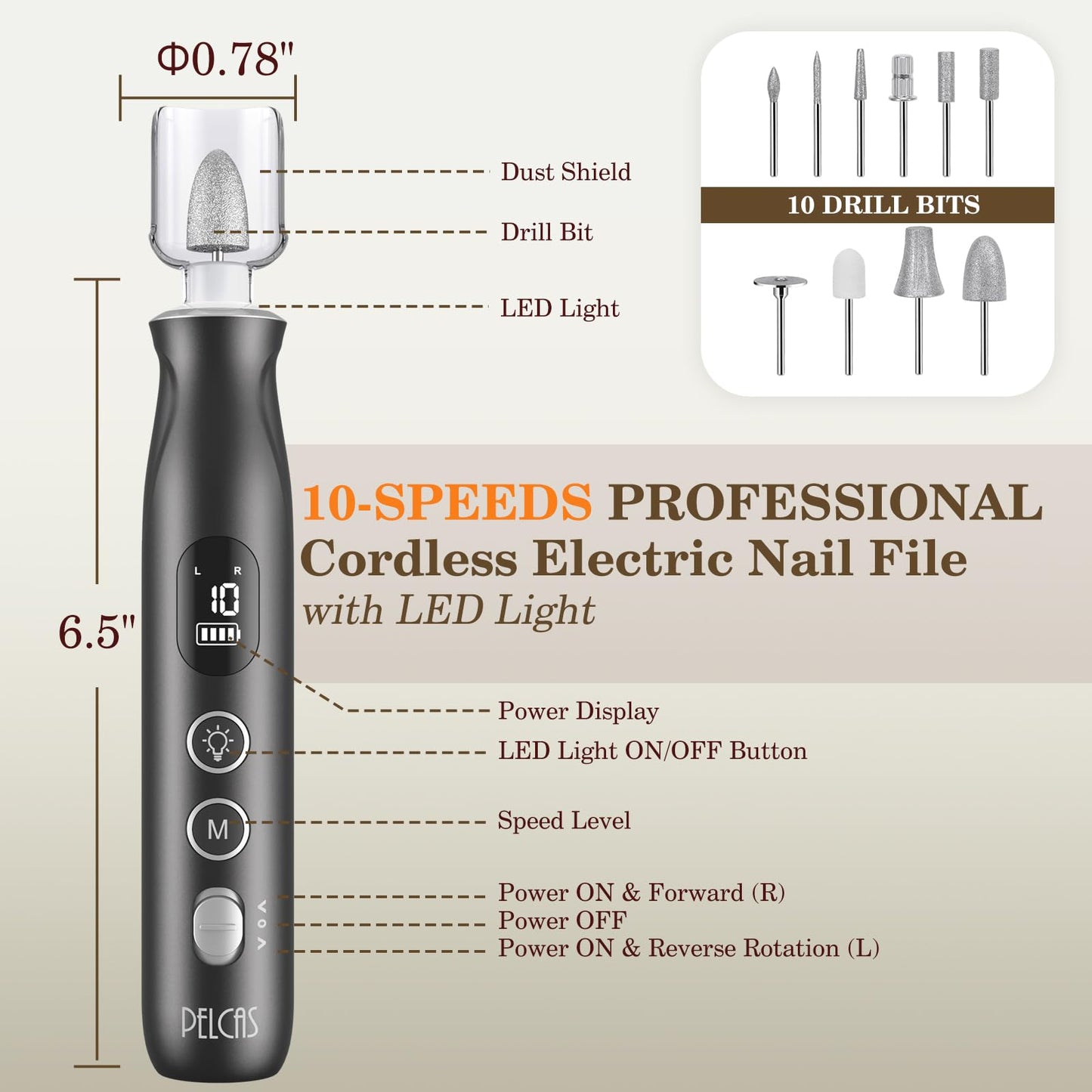 PELCAS Electric Nail Grinder, 10 Speeds Cordless Nail Drill with LED Light, Portable Manicure and Pedicure Kit, Nail File with LCD Screen for Human, Pet, Thick Toenails, Natural & Acrylic Nails Grey