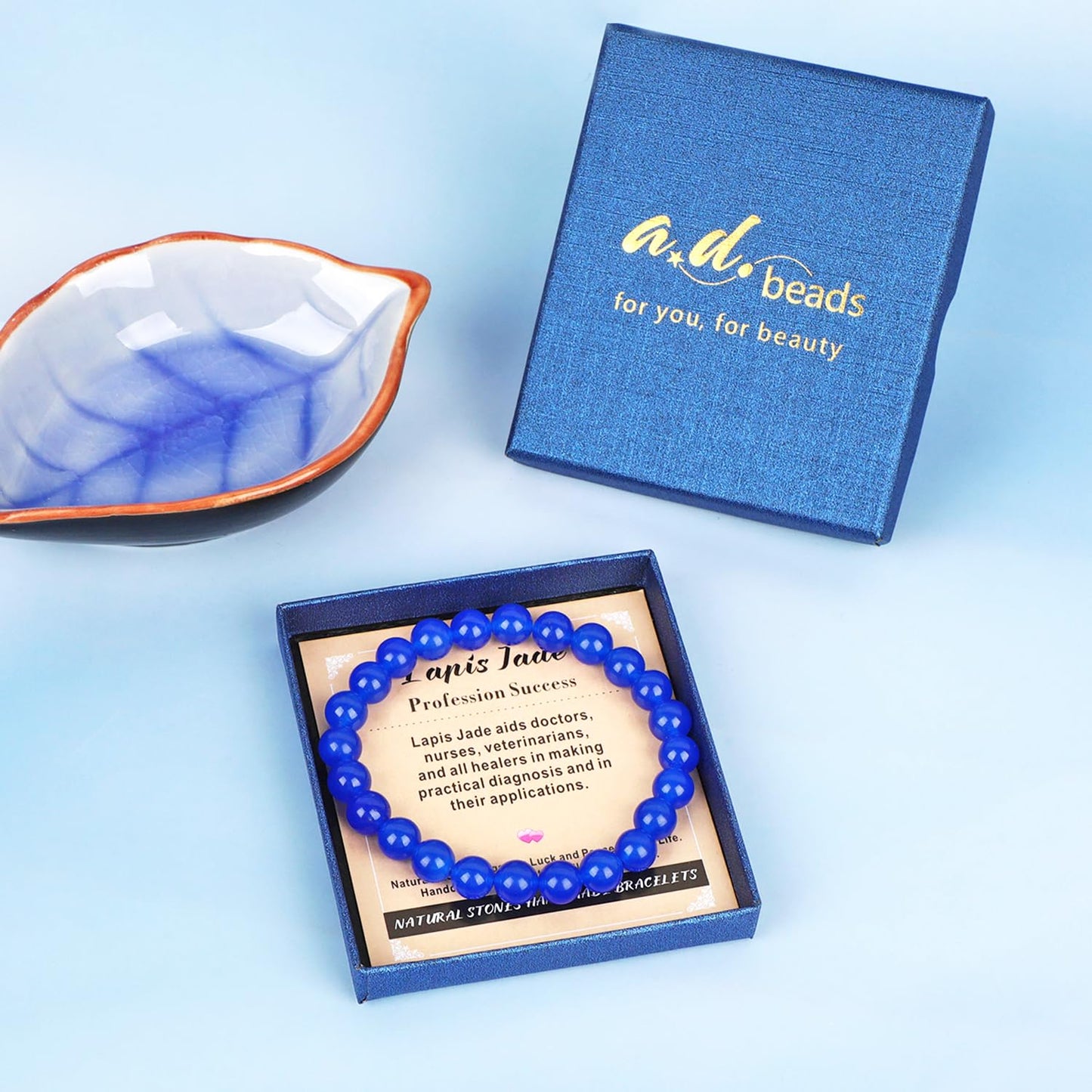 AD Beads Handmade Gemstone Stretch Elastic Bracelet Crystal Healing Reiki Nature's Beauty and Spiritual Essence Unisex (8mm, Blue Lapis Jade (Profession Success))