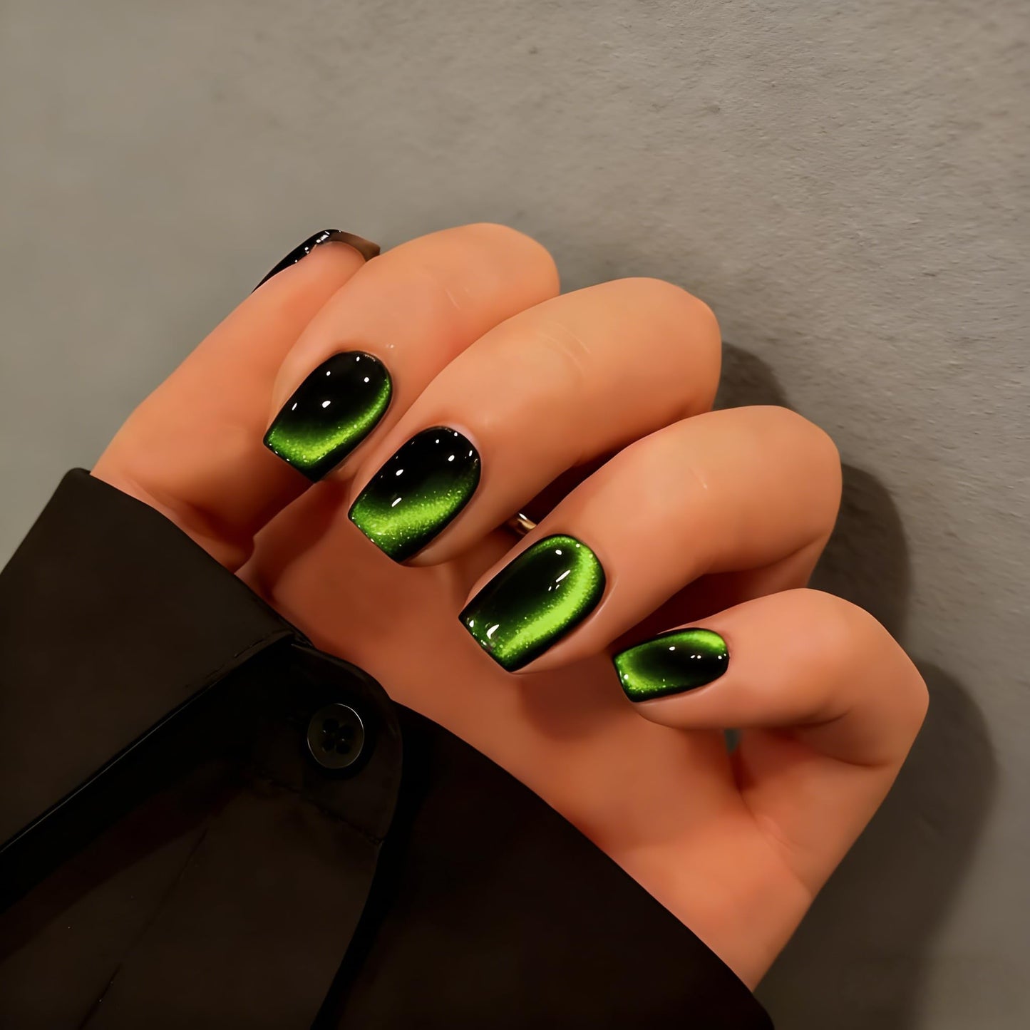 KQueenest Cat Eye Press On Nails Short - Dark Lime Green Press On Nails Square, 30 Pcs 15 Sizes Glitter Black Fake Nails Press ons, Thick Quality, Reusable Small Glue on Nail for Women Goth Party