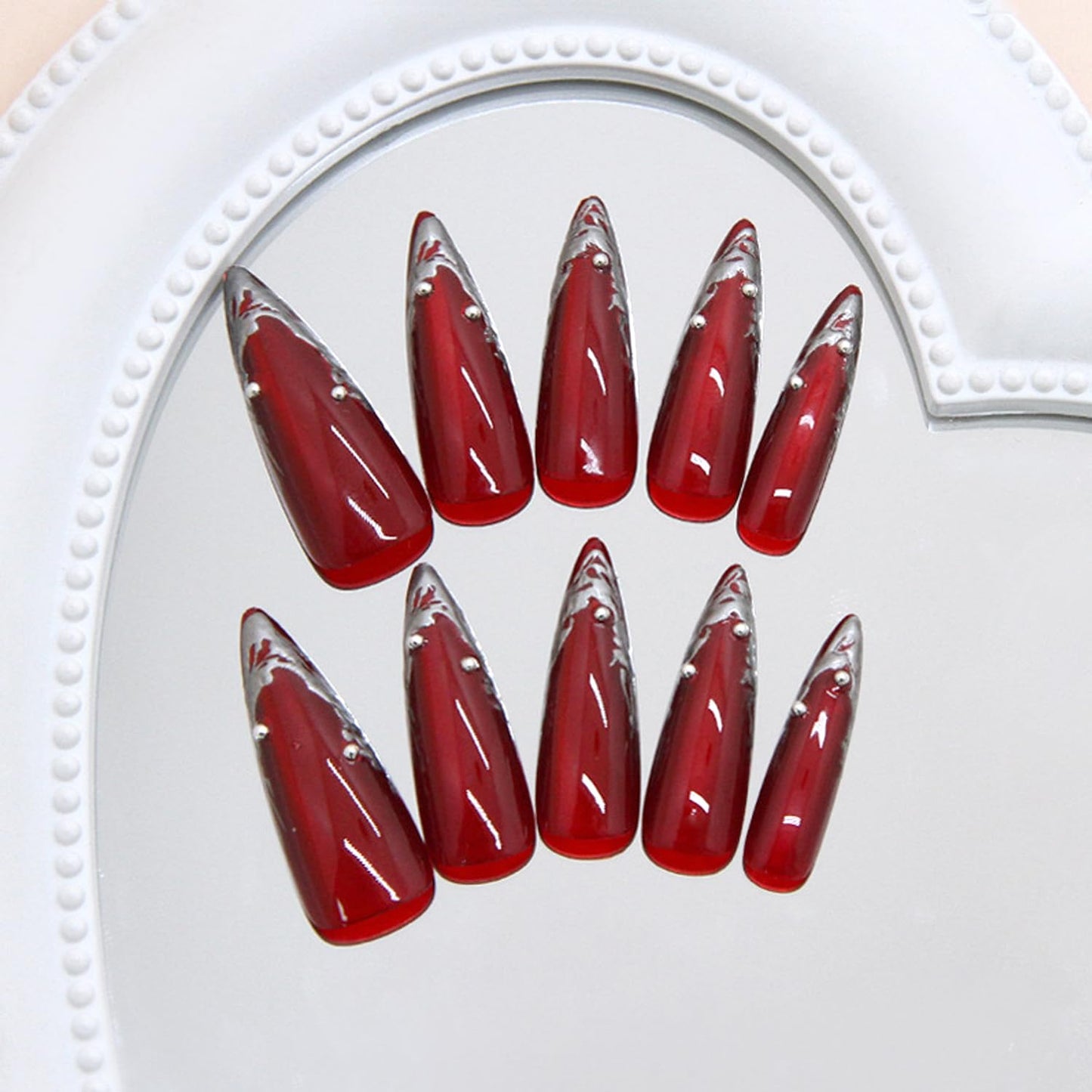 24Pcs Wine Red Press on Nails Long Pointed Almond Fake Nails French Nails Tip with Irregular Silver Design Glossy Y2k Acrylic False Nails Irregular Goth Artificial Nail Glue on on Nails for Women