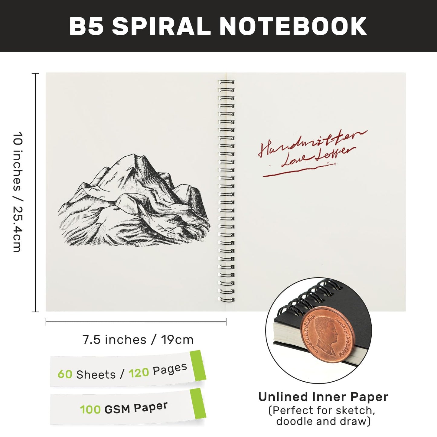Gueevin 2 Pack Sketch Books Bulk 7.5" x 10" Spiral Bound Sketch Pads for Drawing Hardcover 60 Sheets Bulk Sketchbooks for Artist Adult Art Supplies Pencil Pastel,100gsm (Black)