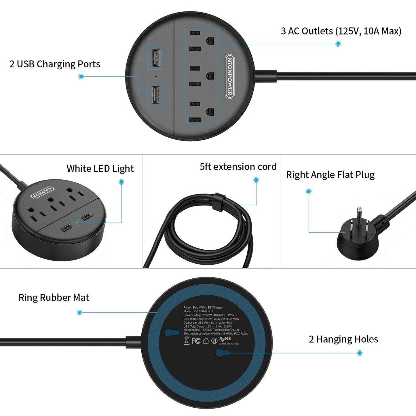 NTONPOWER Desktop Power Strip and Tower Power Strip with USB Bundle, Black Extension Cord for Home, Office, Dorm Essential