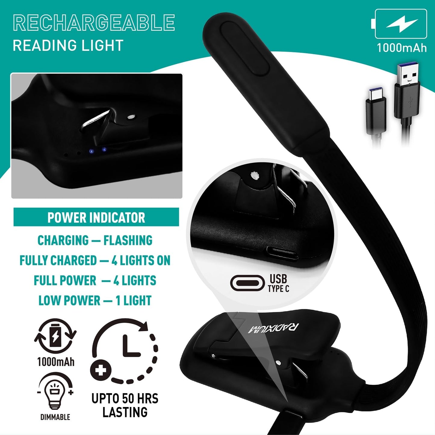 RADIXIUM Rechargeable Book Light for Reading - 9LED Eye-Caring Clip Light w/ 9 Color Temp, Stepless Dimming, 50H Battery, USB-C, Ultra Slim - Gift for Book Lovers (Black)