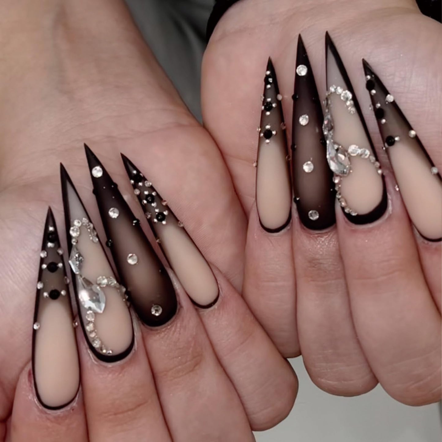 SINHOT Stiletto Press On Nails - Long, Matte & Glossy Black Ombre Acrylic Nails - Rhinestone Design, 24pcs