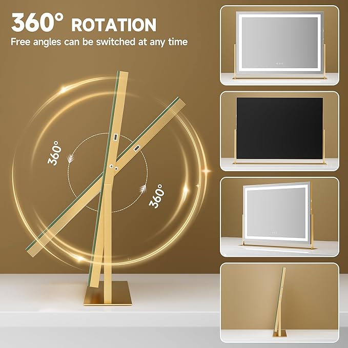 Hasipu Vanity Mirror with Lights, 28" x 20" LED Makeup Mirror, Light up Mirror with 10X Magnification and Phone Holder, USB Charging Port, Smart Touch 3 Colors Dimmable, 360° Rotation (Gold)