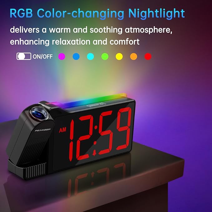 Peakeep Projection Alarm Clock for Bedroom Ceiling with Colorful Nightlight