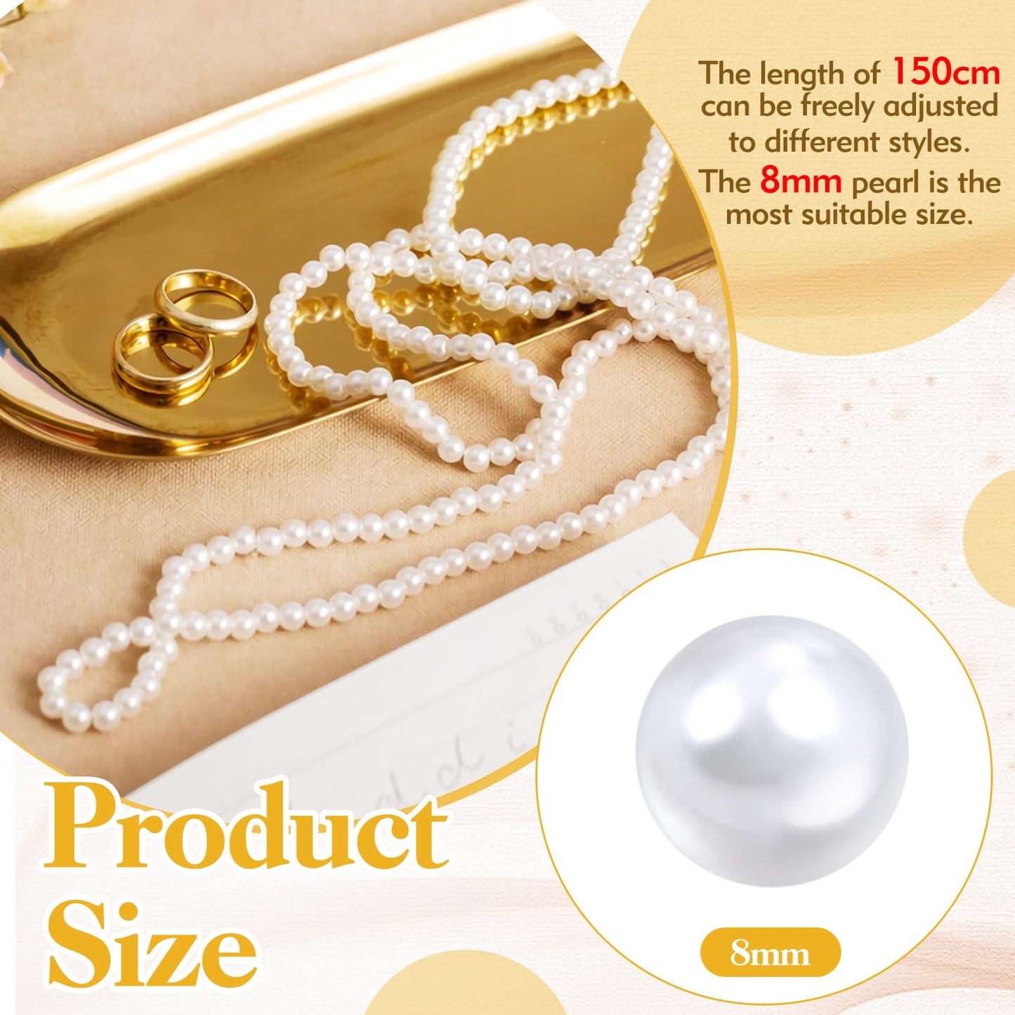 150cm Long Fake Pearl Necklace, 8mm Plastic Pearls Layered Choker for Women, Elegant Imitation Pearl Strand for Wedding, Halloween, Costume Party (White)