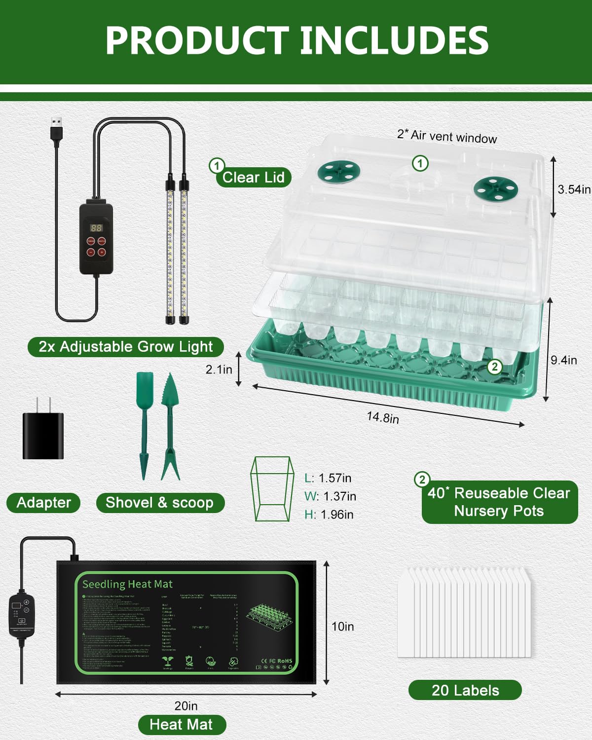 joyhalo 40 Cell Seed Starter Kit with Grow Light and Graphene Heating Mat, Reusable Seed Starter Tray with Higher 4.7”Humidity Domes, Garden Plant Germination Station