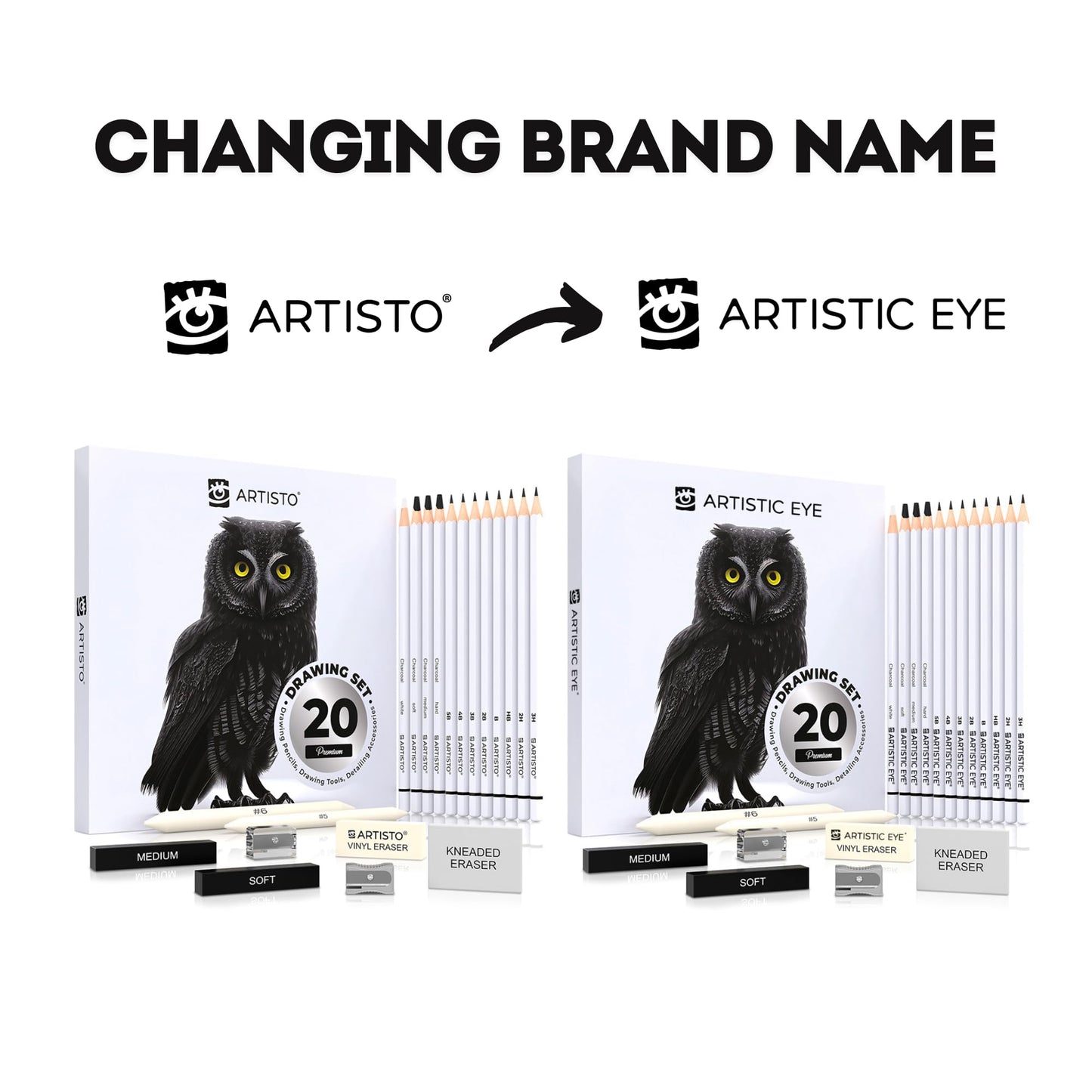 ARTISTIC EYE Premium Drawing and Sketching Pencil Art Set (20 Items): Complete Kit with Graphite Pencils, Charcoal Pencils, Sticks, Blending Stumps, Erasers, and Sharpeners