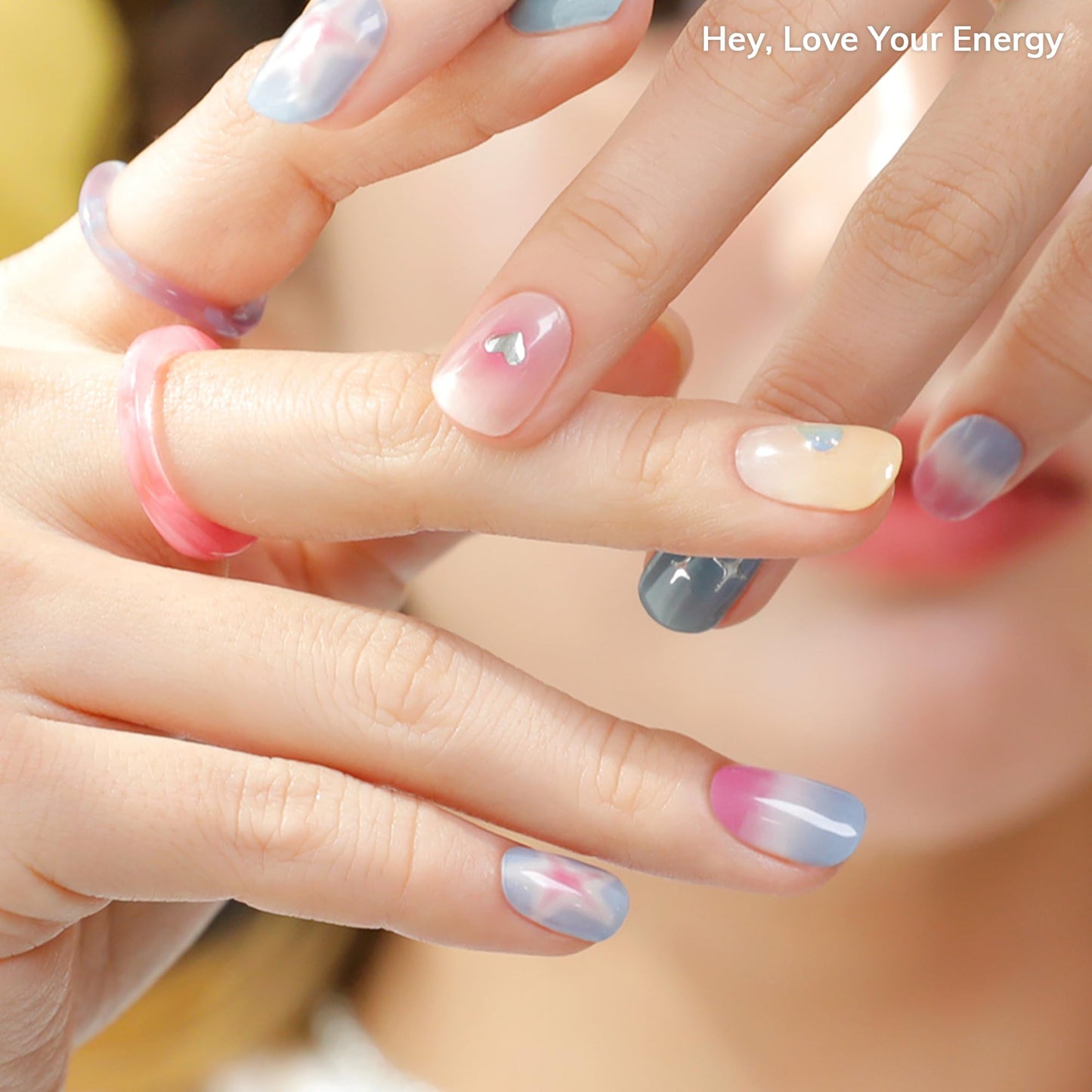 Heyhae Semi Cured Gel Nail Strips | No LED Lamp Needed | Marble, Spring | Easy Apply & Remove, Salon Quality | Includes 28 Strips, 1 Prep Pads, Nail File & Wooden Stick - Hey, Love Your Energy