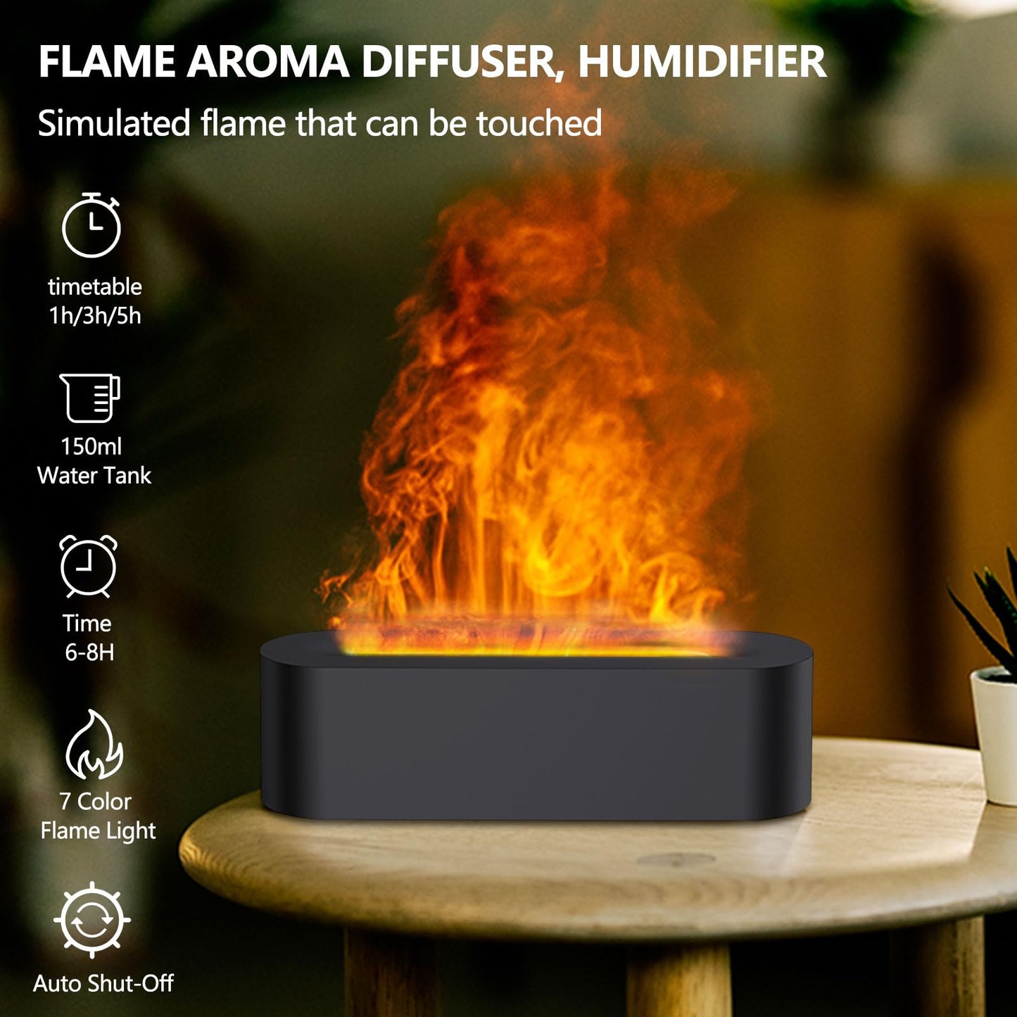 Flame Essential Oil Diffuser, Upgrade 7 Colour Lights Aromatherapy Diffuser, Oil Diffuser, Air Humidifier, Aroma Diffusers for Home, Bedroom, Office, Yoga, Timer & Waterless Auto Off 150ml (Black)