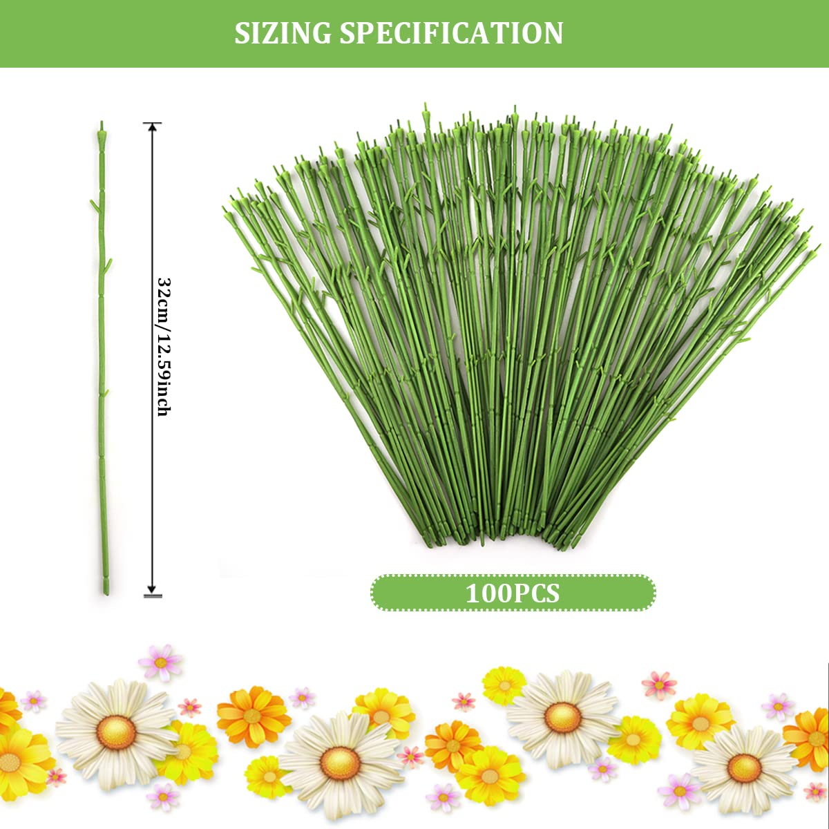 YOLUFER 100Pcs Floral Wire Stems Plastic Artificial Flower for Craft Floral Green Stem Wire DIY Craft Bouquet Making Floral Arrangement Tools