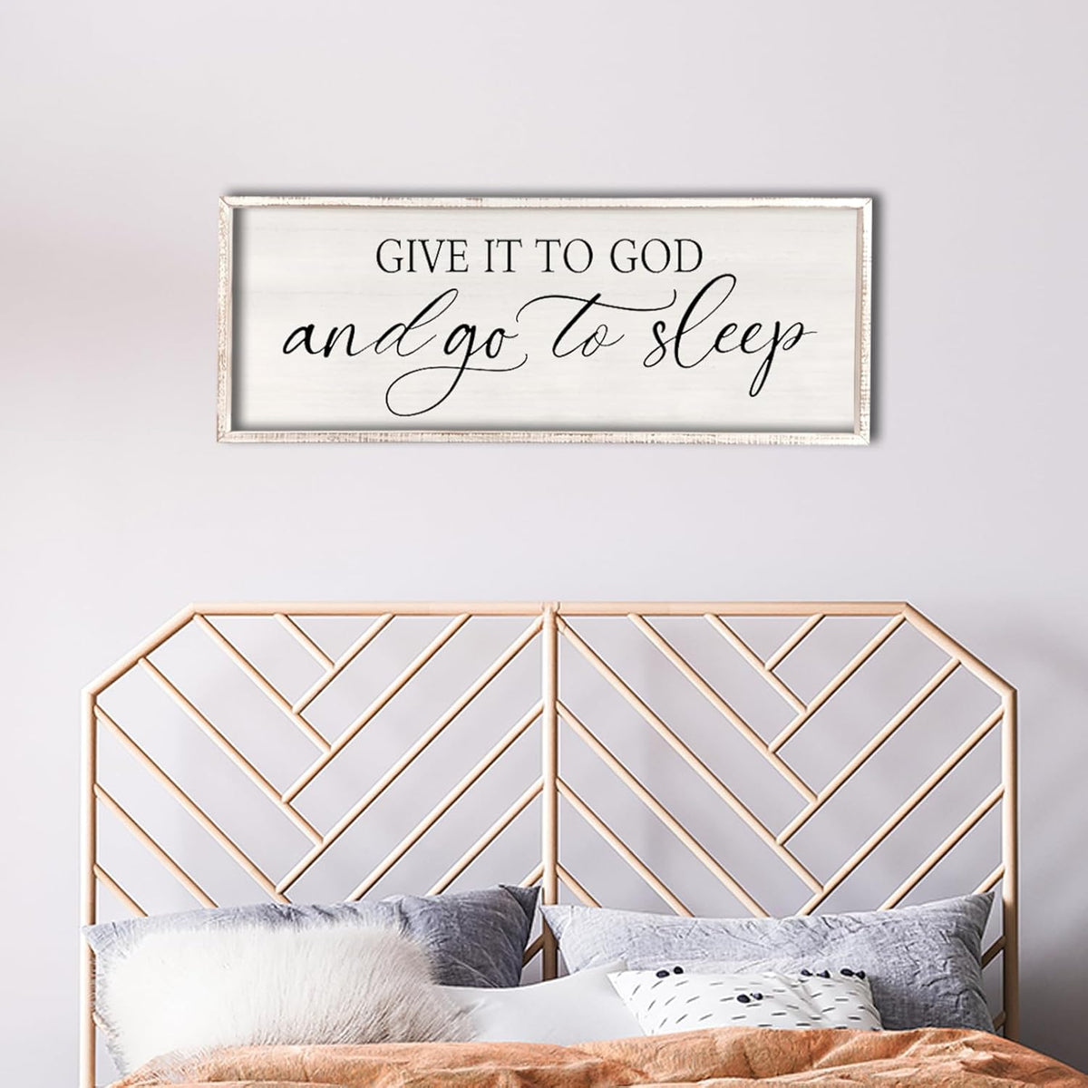 comurdyo Give It To God And Go to Sleep Sign 32''×12'' Master Bedroom Above Bed Wall Decor Wood Framed Couple Large Farmhouse Guest Room Rustic Simple Over Bedside Wall Art Hanging Decor (White)