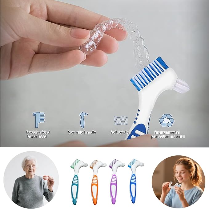 Denture Brush Dual Head Toothbrushes False Teeth Brush Denture Cleaning Kit Toothbrush (Purple Green Blue Orange)