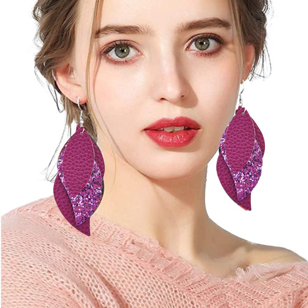 AOUXSEEM 181 Pcs Leaf Faux Leather Earrings Making Kit for Beginner, Contains 60 Pre Cut Lightweight Glitter Printed Synthetic Fabric Pieces and Hypoallergenic Hooks Jump Rings (Solid A)