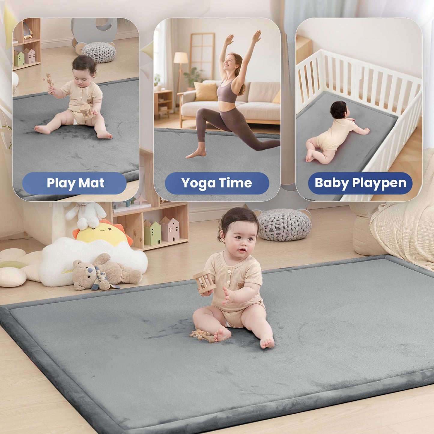 Huloo Sleep Baby Play Mat for Floor,1.3" Thick Memory foam Tummy Time Mat,Soft Coral Velvet Nursery Rug,Extra Large Non Slip Crawling Mats for Living Room(Dark Gray)
