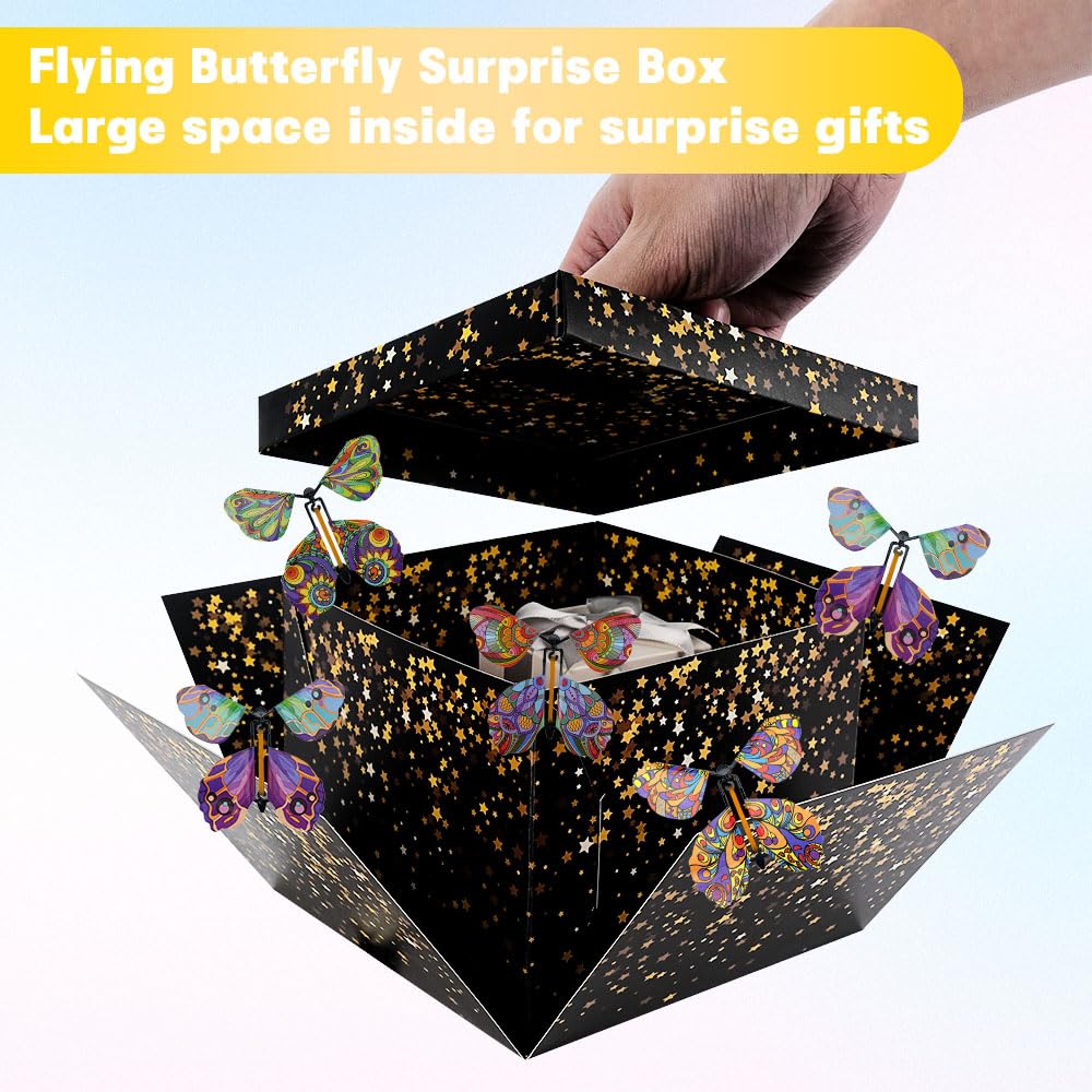 WCHOSOZH Surprise Explosion Gift Box with 4Pcs Flying Butterflies, Exploding Gifts Box with Congratulation Card, Butterflybirthday Surprise Boxes for Birthday Wedding Anniversaries Party Mothers Day(Black)