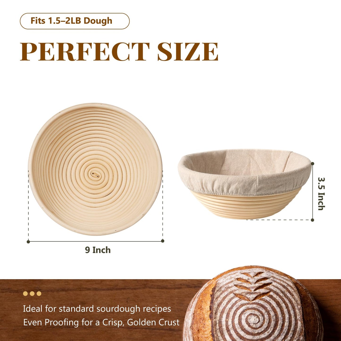 2 Pack Banneton Bread Proofing Baskets for Sourdough, 9 Inch Round Natural Rattan Proofing Basket for Dough Rising, Bread Proofing Bowl Sourdough Bread Baking Supplies for Home Bakers