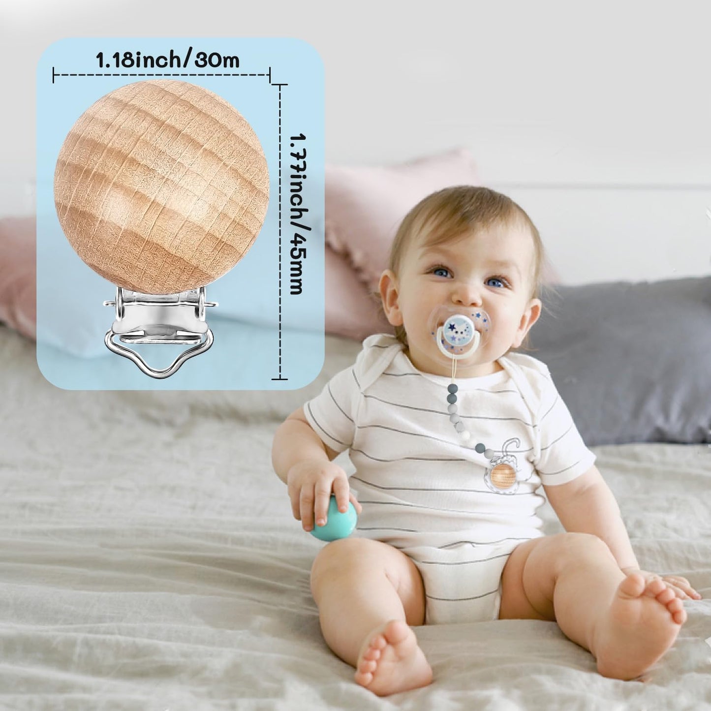 32 Pieces Natural Beech Wood Pacifier Clips Charm DIY Pacifier Holder Clips Teething Grasping Toy Suspender Clips for Pacifier Chain Accessory