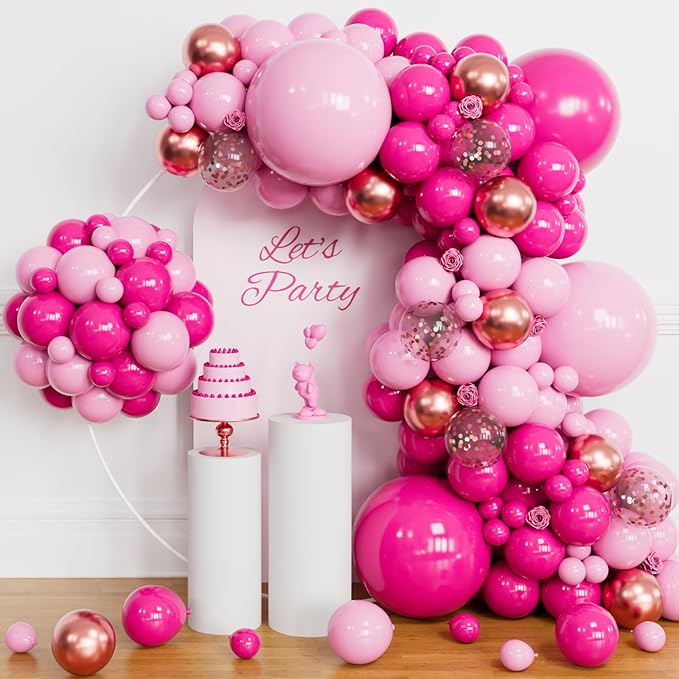 Hot Pink & Rose Gold Balloon Garland Arch Kit, 145 Pcs – Confetti & Metallic Latex Balloons for Girls Birthday, Bridal Shower & Princess Party