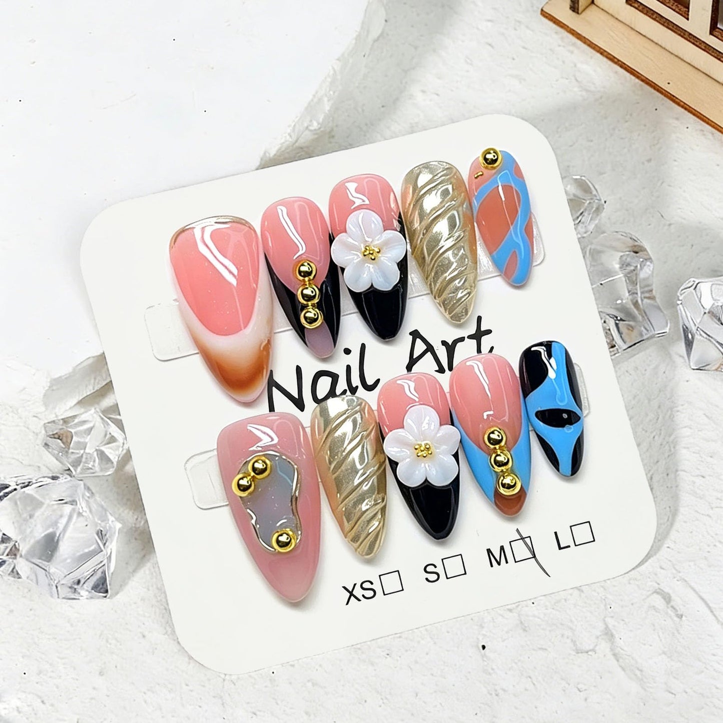 10 Pcs Handmade Press on Nails Medium Almond Fake Nails with White 3D Flower Curves Design Black French Tip Acrylic False Nails Medium Almond Press Ons Nails Pink M Size for Women