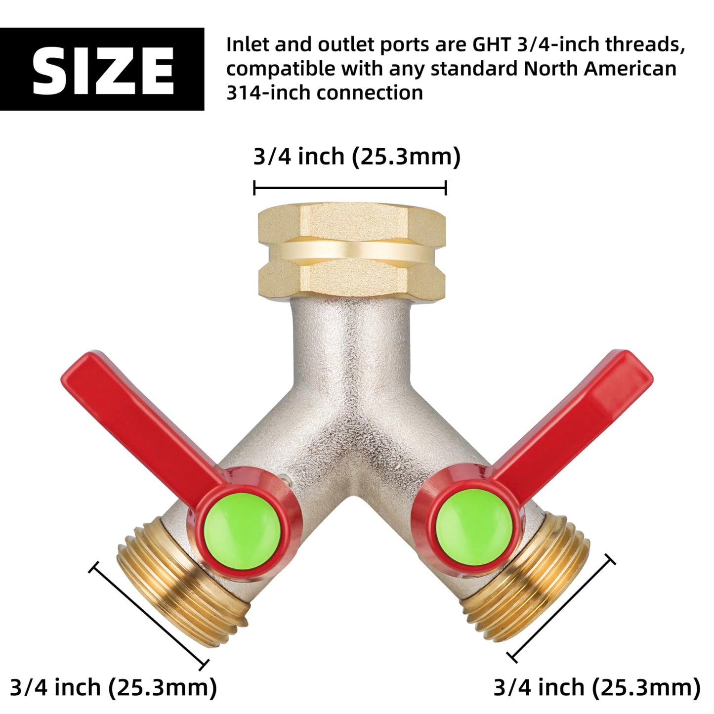 DINGBAI Garden Hose Splitter 2 Way,High flow Hose Splitters, Y Splitter 2 Valves, Faucet Splitter, Full Flow 2 Way Heavy Duty Brass Splitter, Outdoor Faucet Diverter, 2 Way Y Valve 3/4" GHT Thread.