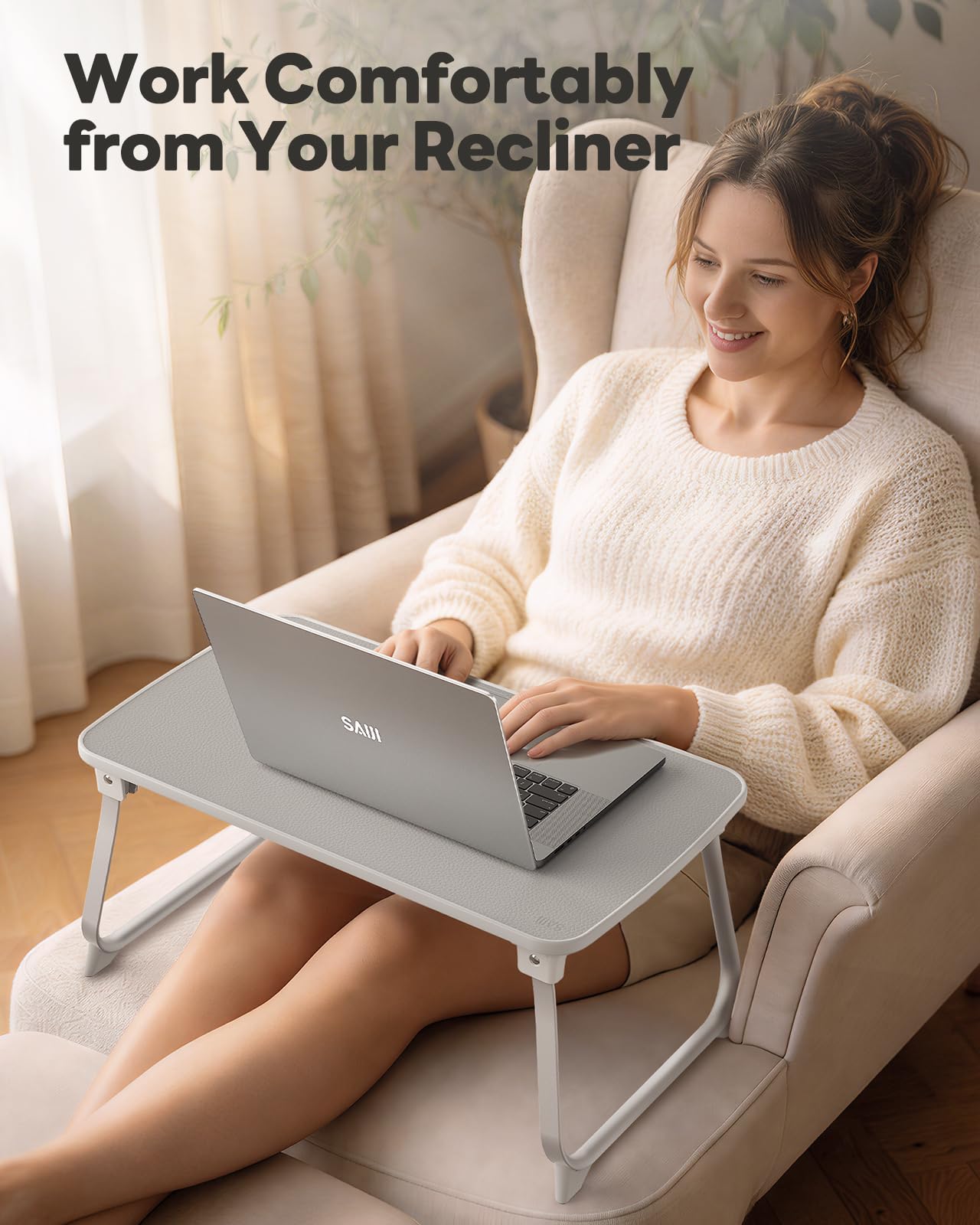 SAIJI Laptop Bed Tray Table, Lap Desk for Bed with Non-Slip PVC Leather Desktop,Reinforced Aluminum Frame with U-Shaped Lock for Heavy-Duty Stability,Notebook Tray for Couch Sofa Floor Office Work