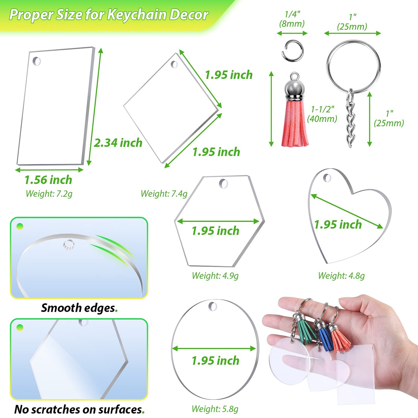 Cruzix 200Pcs Blank Keychains for Vinyl, Acrylic Keychain Blanks Bulk with 5 Shapes Clear Acrylic Disc Leather Tassel Charms Key Chains Jump Ring for DIY Craft Ornament Engrave Painting