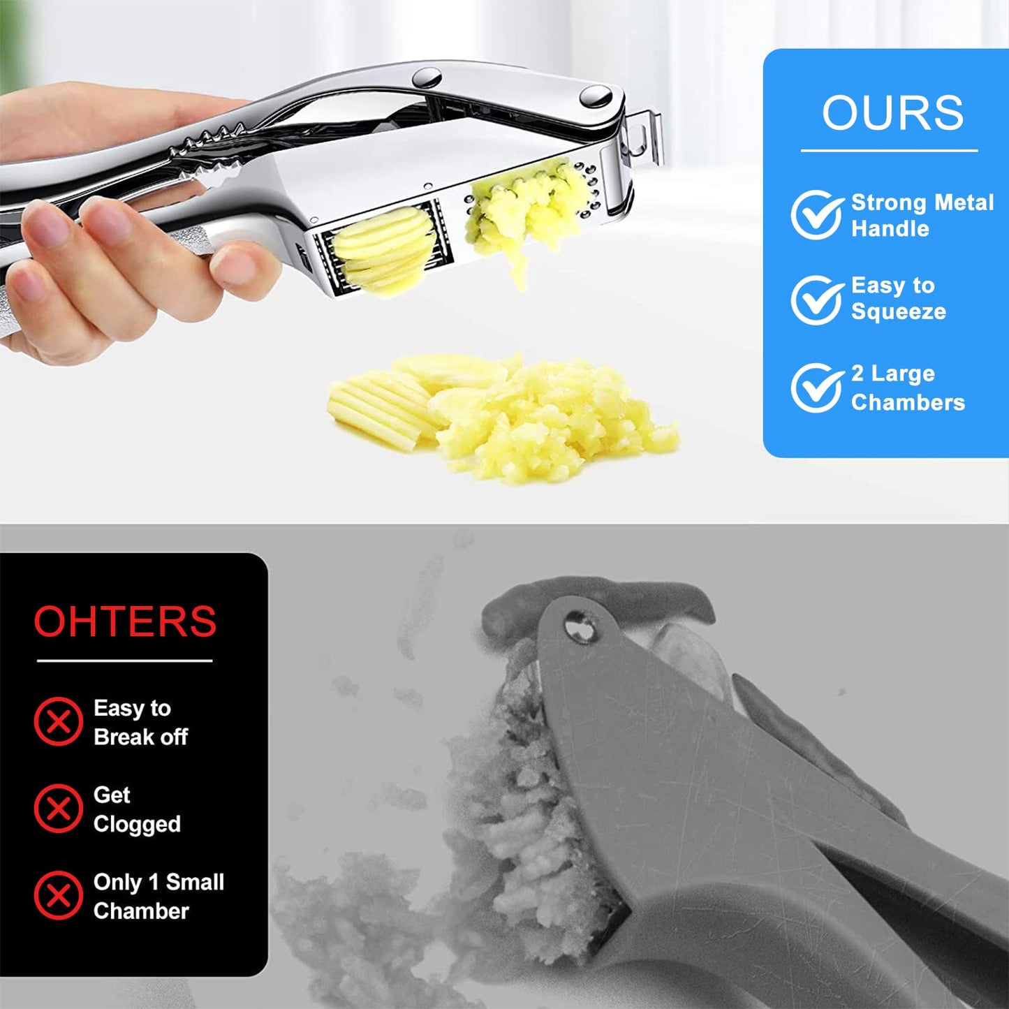 2-in-1 Garlic Cutter Stainless Steel Garlic Press with Ergonomic Non-Slip Handle for Fresh Garlic Ginger Nut Easy to Use & Clean