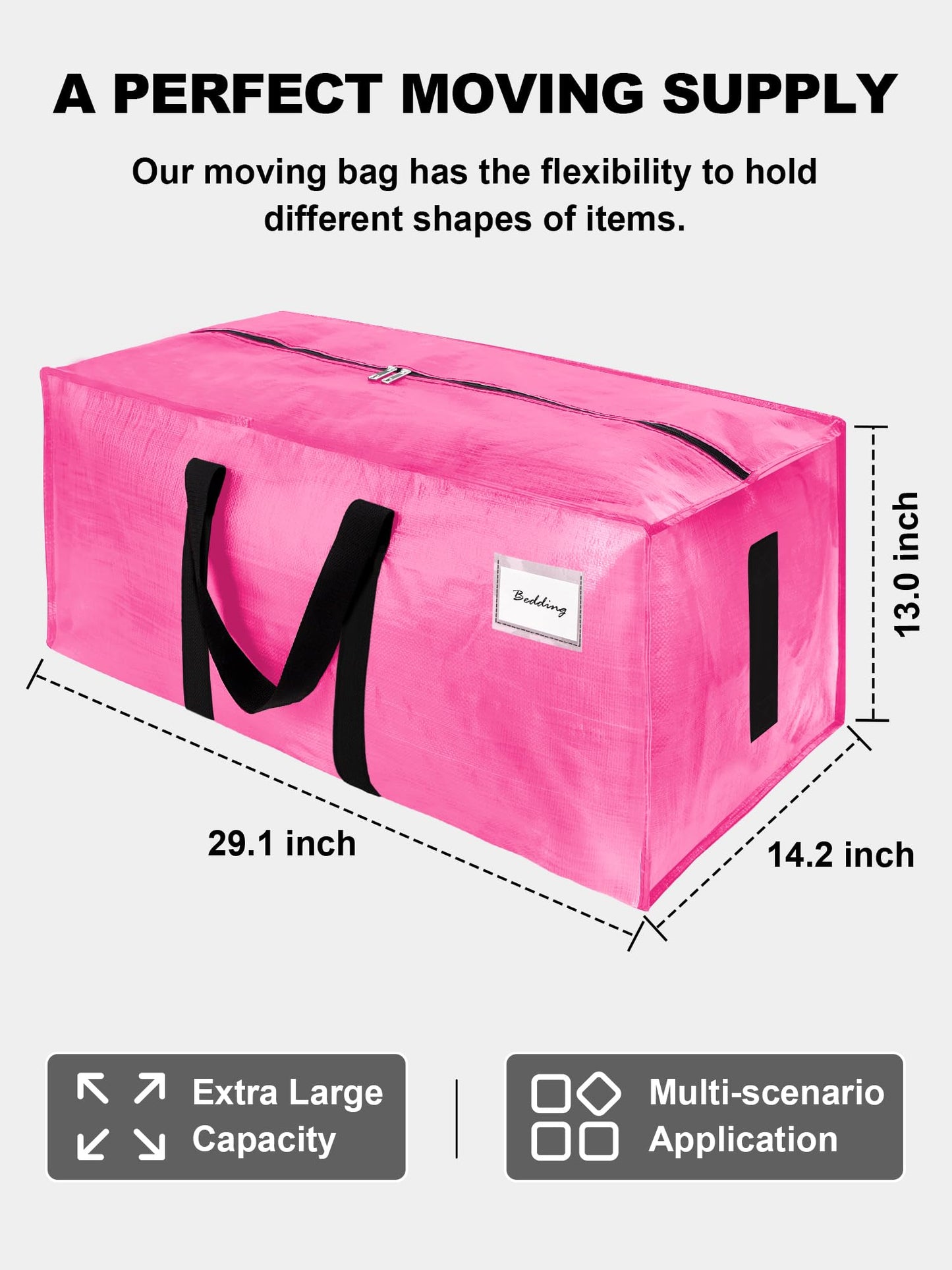 4 Pack Large Strong Moving Bags with Zippers & Carrying Handles - Water-Resistant - Heavy Duty Storage Tote for Space Saving, Fold Flat, Alternative to Moving Box (Pink)