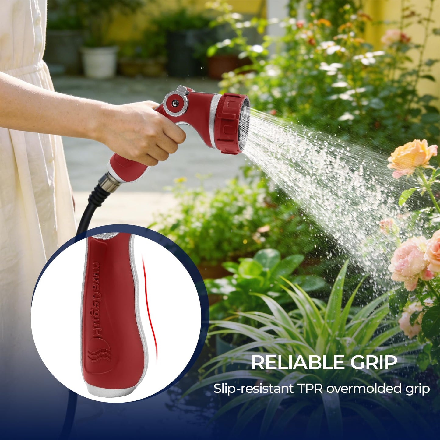 HugeDawn Garden Hose Nozzle with 7 Spray Patterns, Heavy Duty Metal Sprayer 30% Greater Water Flow for Watering, Car Wash, Outdoor Cleaning (Red)