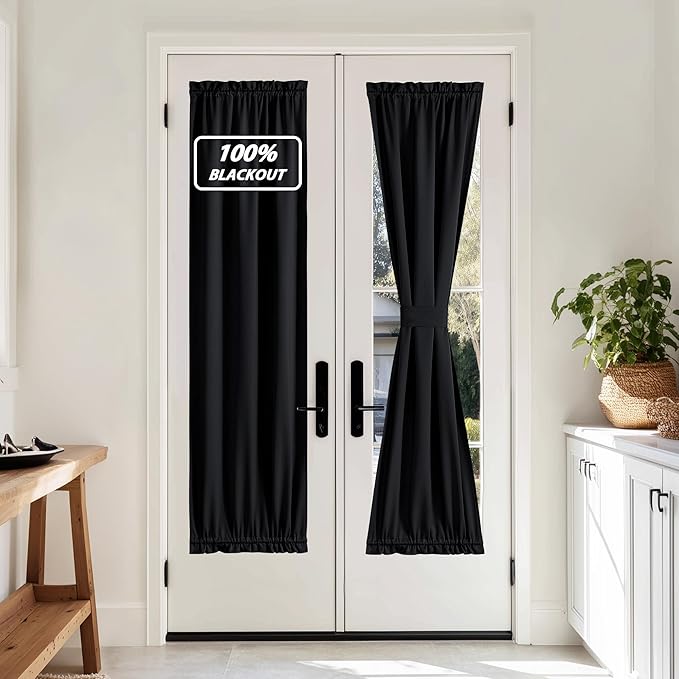 NICETOWN French Door Curtains for Door Window, 100% Blackout Privacy Thermal Insulated Window Covering for French Front Glass, 1 Panel, Black, 25 x 72 inches Long