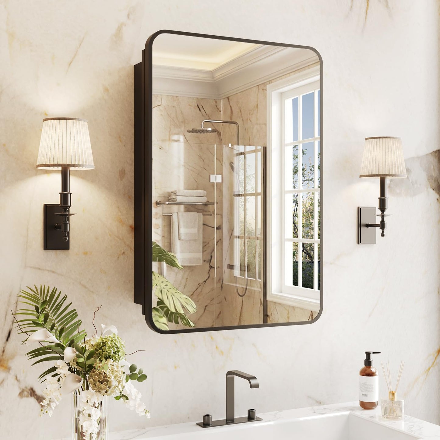 Yunnshee Yursa Medicine Cabinet Mirror 16x24 Inch, Black Bathroom Mirror Cabinet with Stepless Adjustable Shelves, Rounded Rectangle Metal Framed, Bathroom Mirror with Storage Recessed or Wall Mount