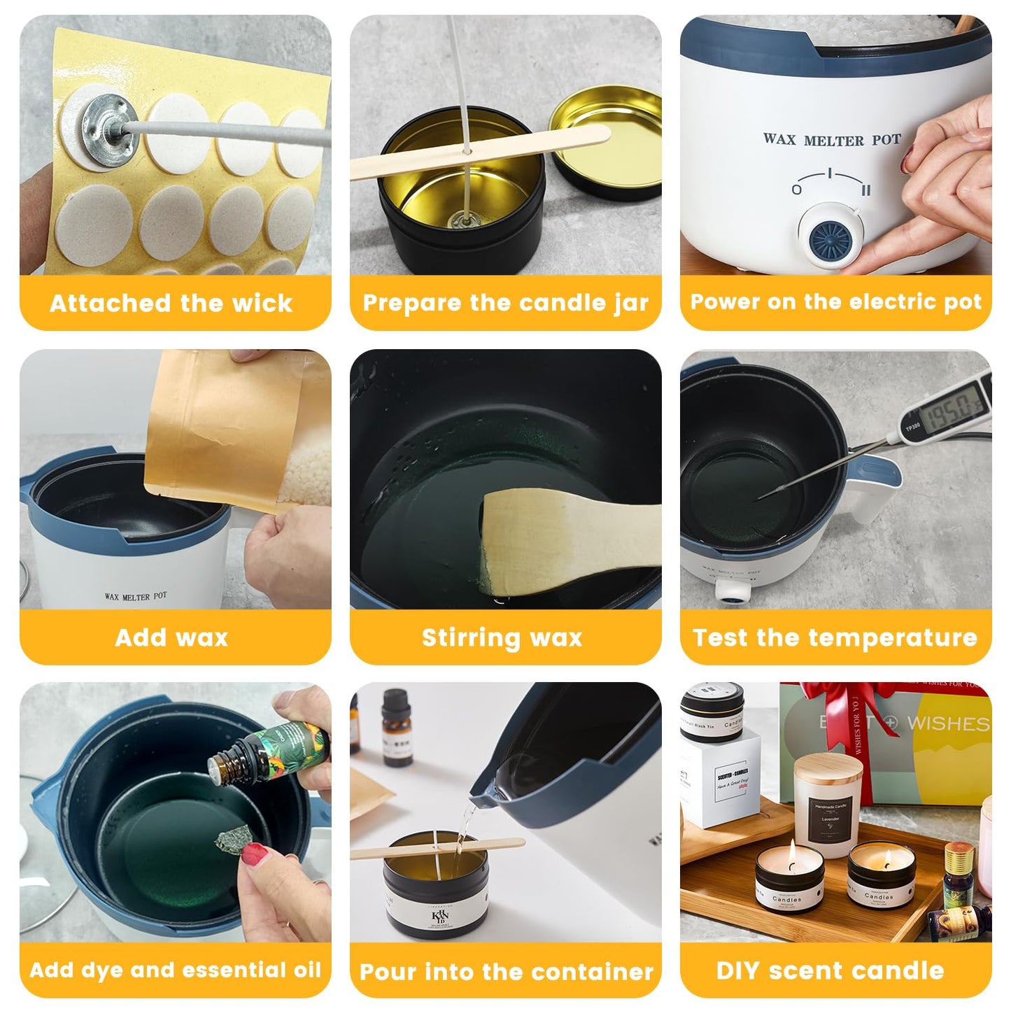 KQU Wax Melting Pot with Thermometer, Electric Wax Melter for Candle Making with Spout, Small Double Boiler Pot Set for Beginner Adults