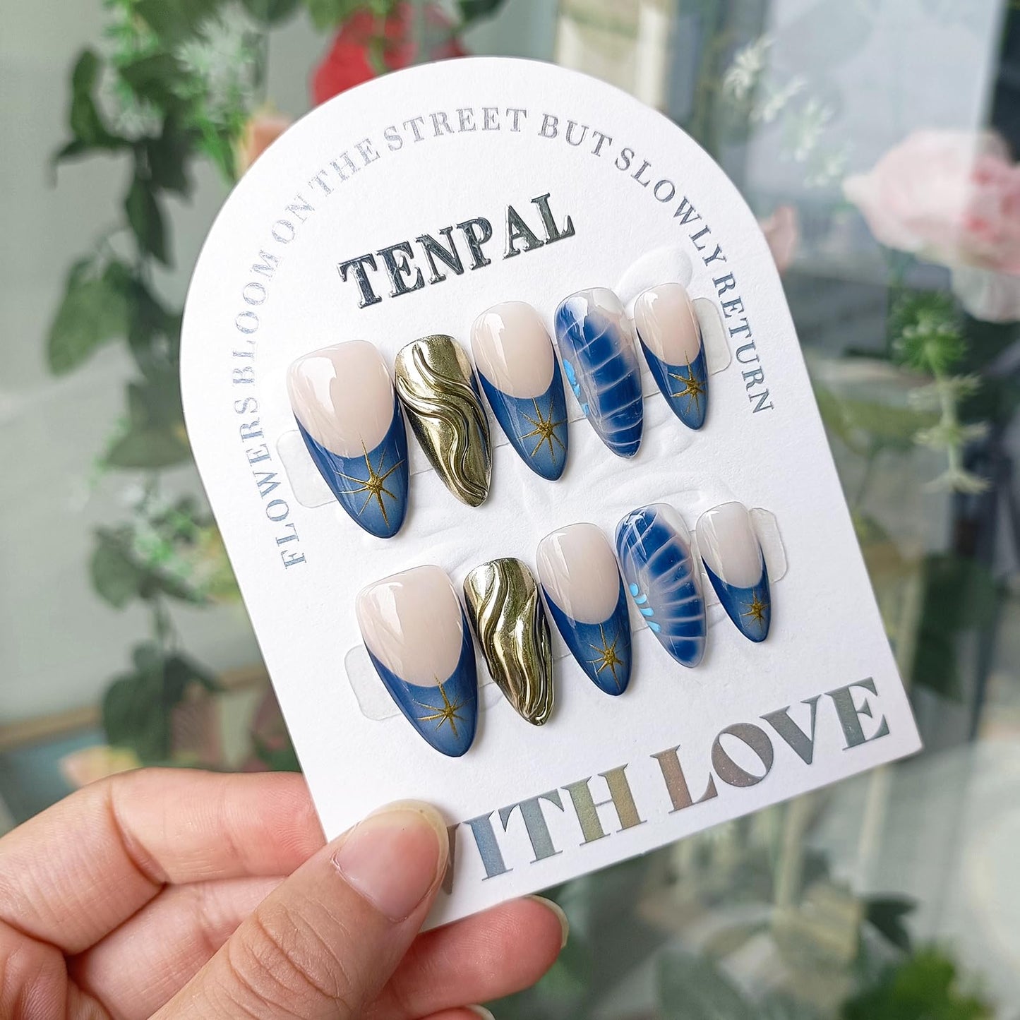 TENPAL Metallic Fake Nails With Crocodile Star Pattern,French Tip Press on Nails Almond,Blue Nails Press ons, Handmade Glue On False Nails,Acrylic Y2k Artificial Nails Tips 10pcs/Box,Small Size
