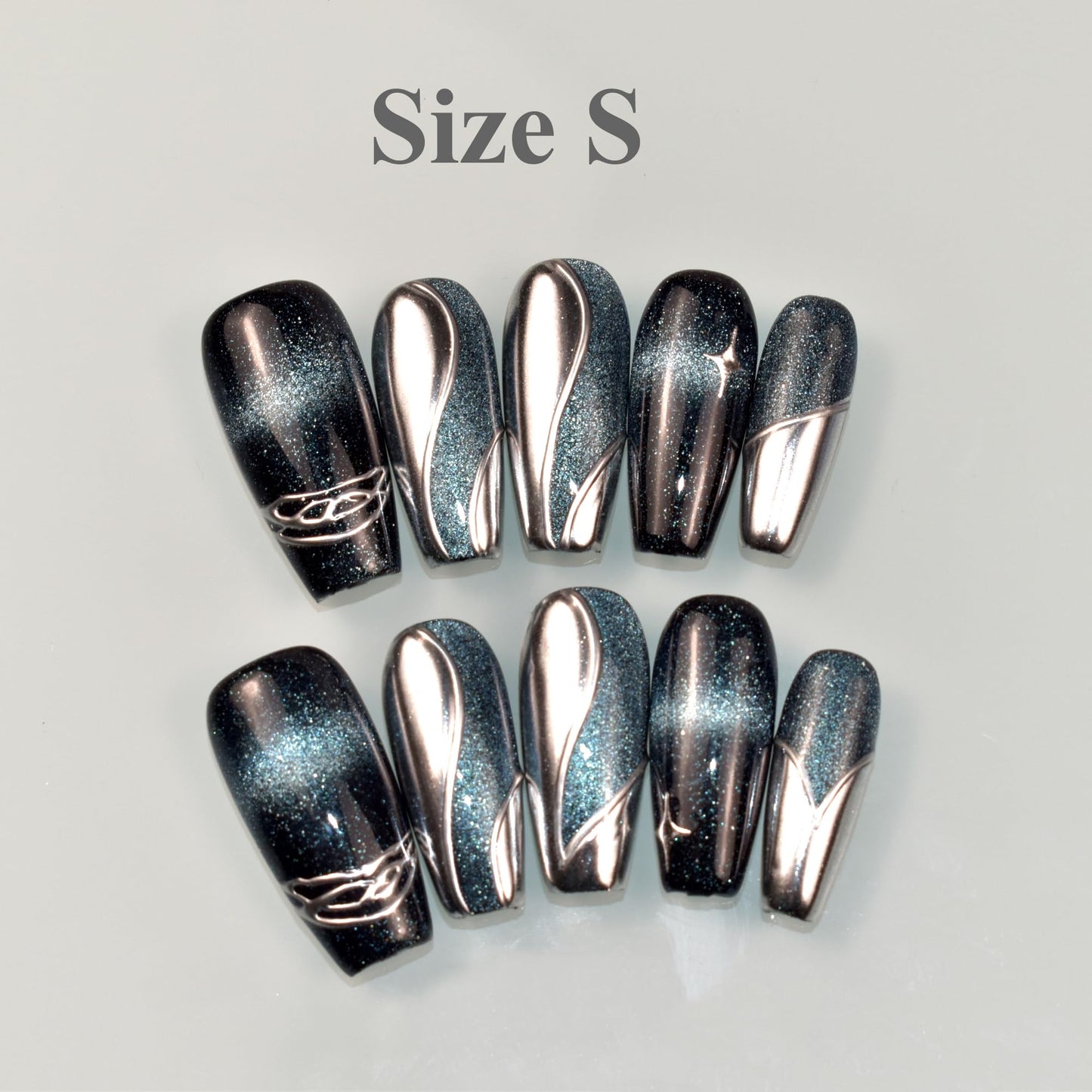 LIFOOST Nails Handmade Press On Medium Coffin Silver Blue Magnetic Cat Eye Fake Nail Luxury Star River False Nail Tips,10 Pcs Size Small
