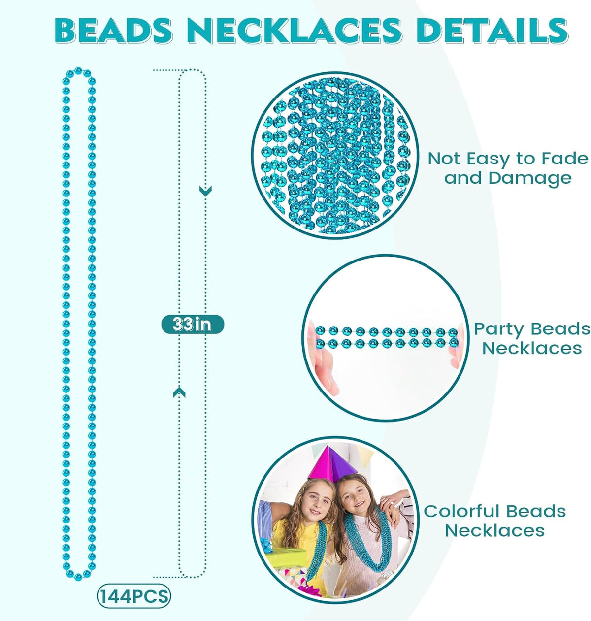 SHAOQINLIN 144 PCS Teal Bead Necklaces, Teal Mardi Gras Beads Necklaces Turquoise Party Beads Necklace Bulk Oval Beaded Necklaces for Mardi Gras, Christmas, School Spirit Day Party Favors