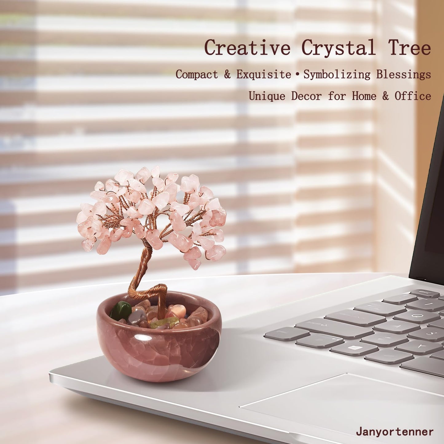 Janyortrenner Rose Quartz Crystal Tree,Romantic Office Desk Bedroom Decor,Handmade Copper Wire in Crackle Ceramic Base,Spiritual Gift for Her