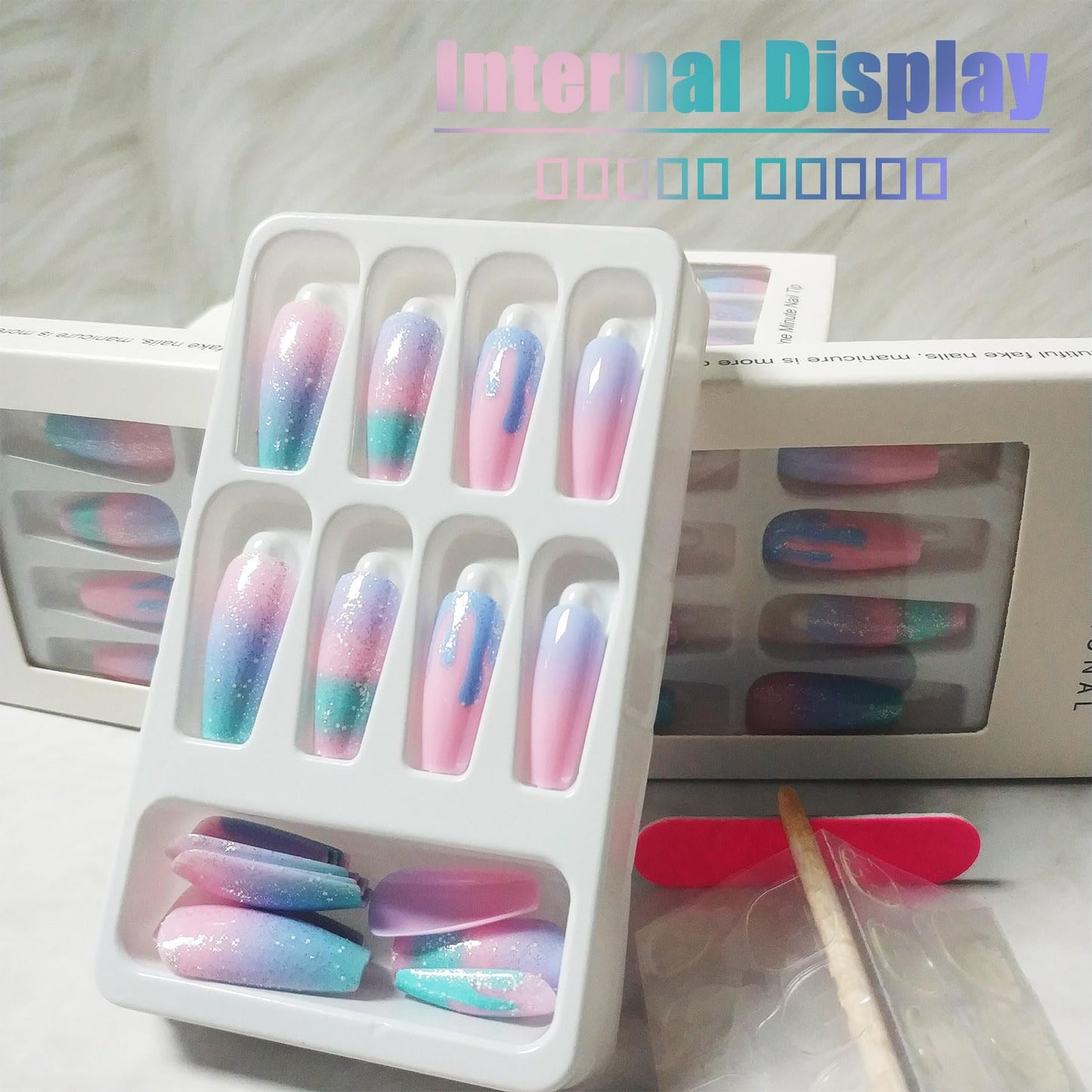 Coquette 24Pcs Rainbow Gradient Coffin Nails with Macaron Design - Sparkly Medium Glossy Glitter Manicure Art Acrylic False Nails
