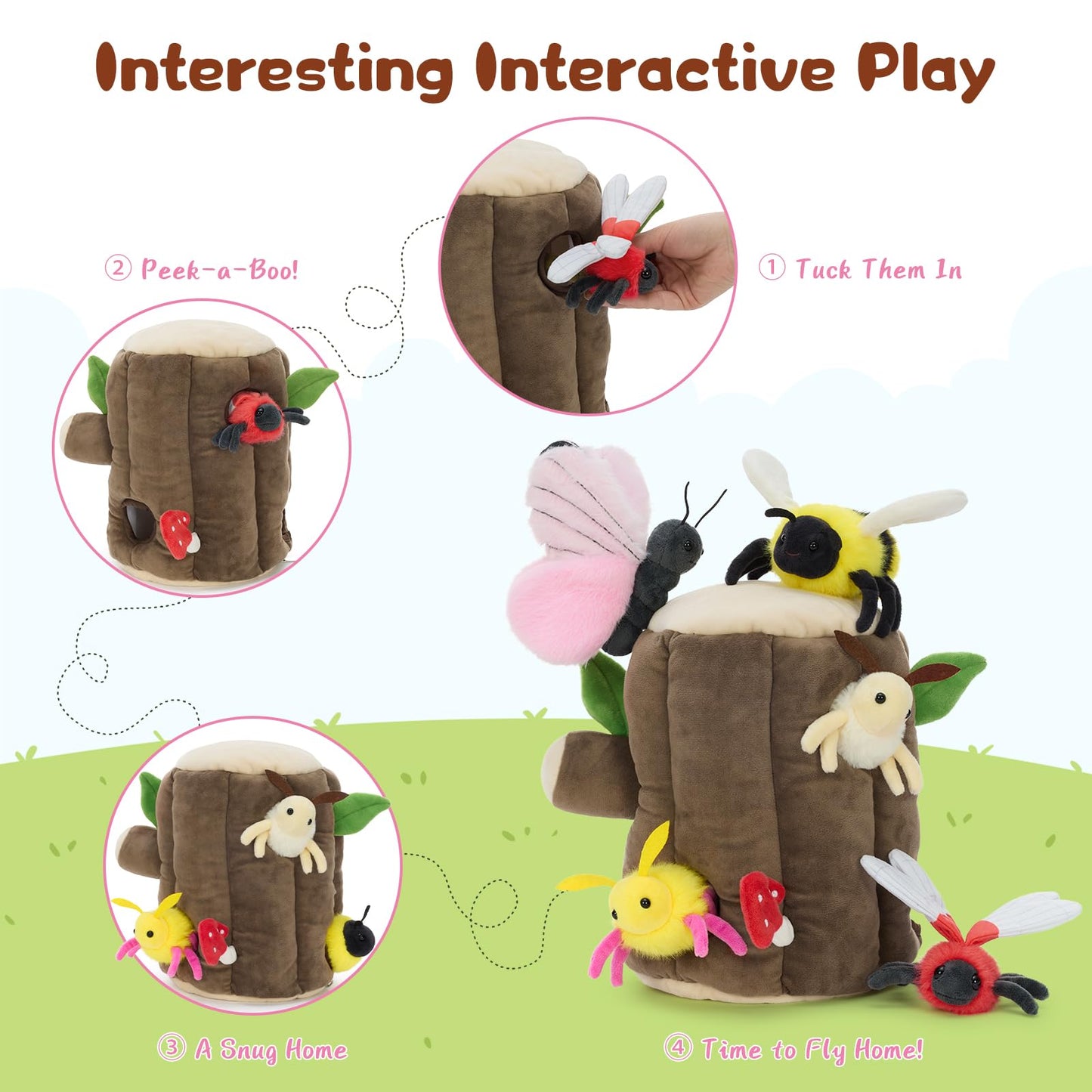 MaoGoLan 6pcs Flying Insect Plush Toys Set with Plush Bee Moth Butterfly Dragonfly, Flying Insect Stuffed Animal Bulk with Treehouse, Gift for Kids Toddlers Boys Girls