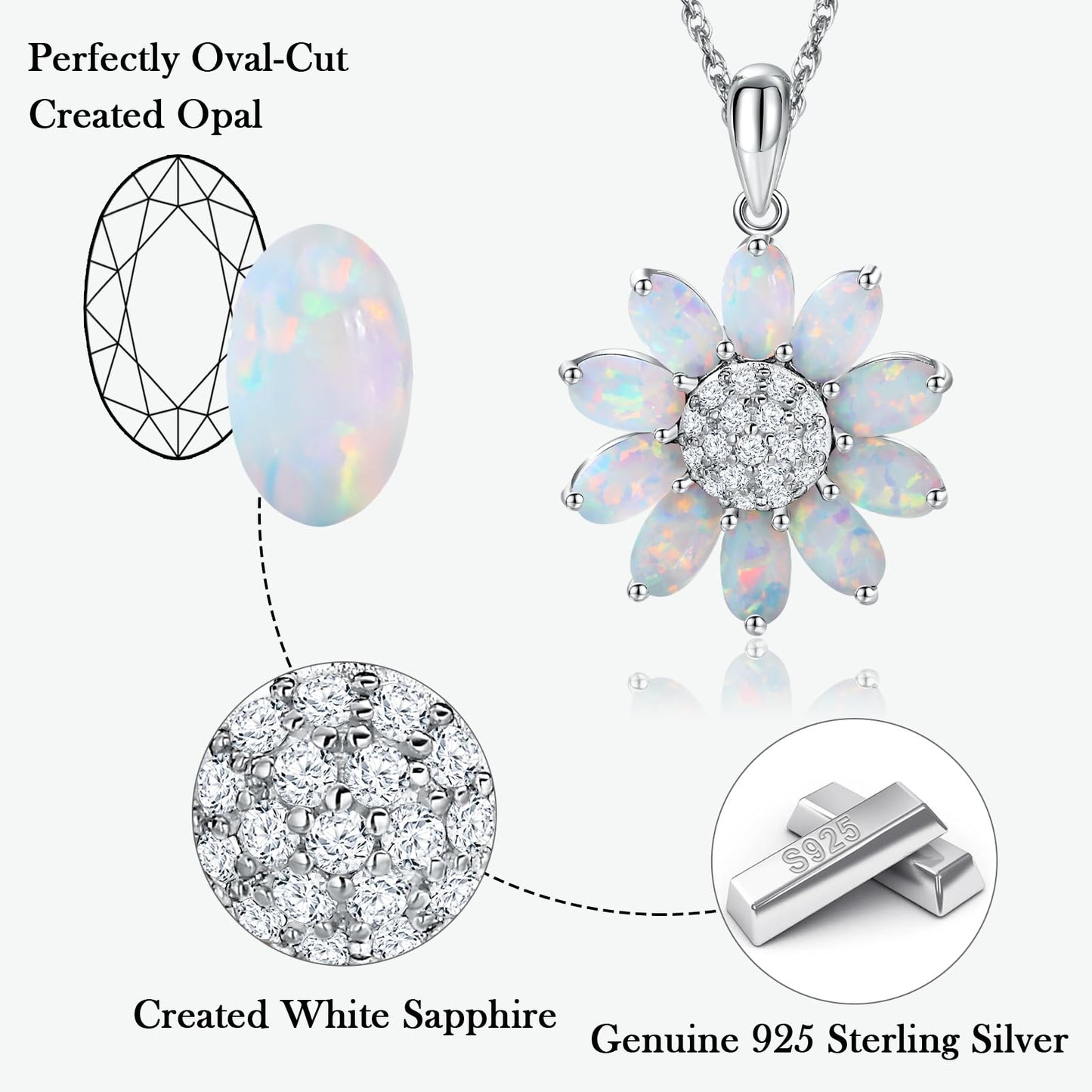 RANDES Opal Sunflower Necklaces for Women 925 Sterling Silver Dainty October Birthstone Pendant Created Opal Flowers Necklace