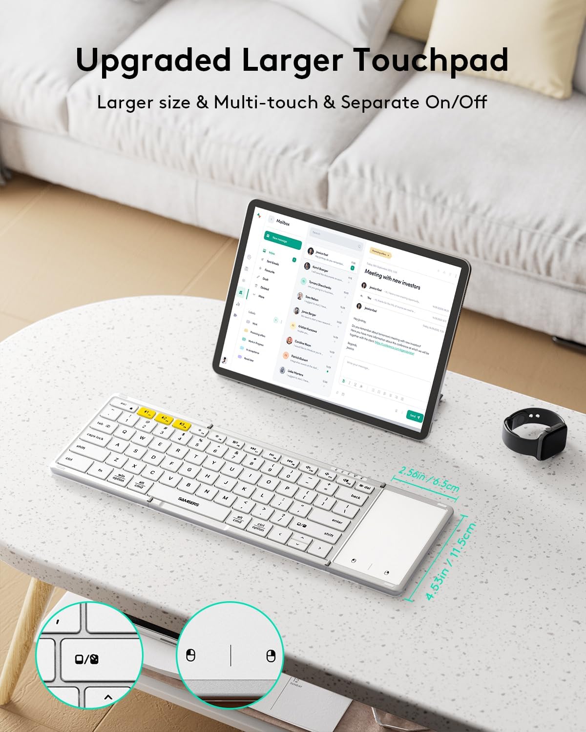 Samsers Foldable Bluetooth Keyboard with Touchpad, Full-Size Wireless Folding Keyboard with PU Leather, Portable Travel for iOS Android Windows Mac OS, Support 3 Devices (BT5.1 x 3), Silver